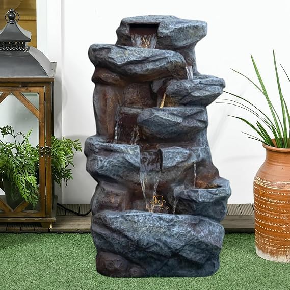 Trisaini Craft Cascading Rock Waterfall Fountain, Indoor Outdoor Decorative Water Feature, Grey Stone Finish with LED Lights and Water Pump