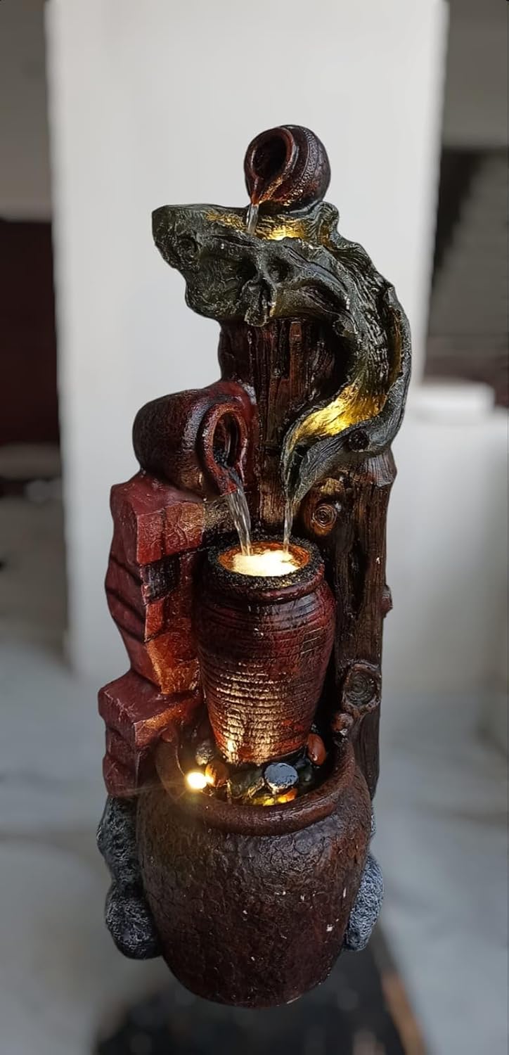 Trisaini Craft Jad Matki Water Fountain for Home Decor | Indoor Tabletop Office | Lawn Balcony | Gift Gifting with LED Lights Water Pump | Pot Water Fountain
