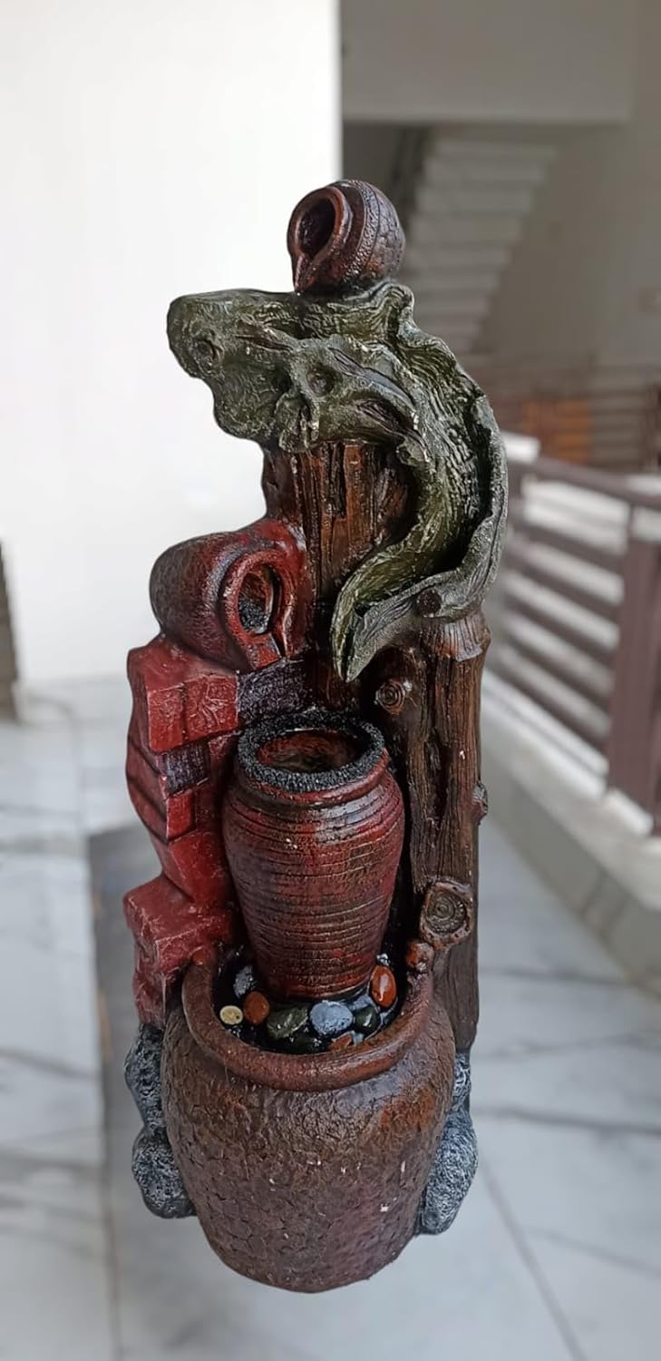 Trisaini Craft Jad Matki Water Fountain for Home Decor | Indoor Tabletop Office | Lawn Balcony | Gift Gifting with LED Lights Water Pump | Pot Water Fountain