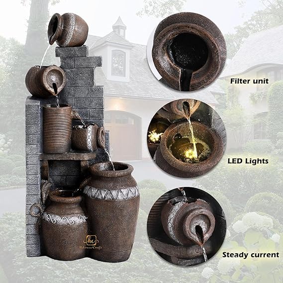 Trisaini Craft Brick Pot Water Fountain for Home Decor | Indoor Tabletop Office | Lawn Balcony | Gift Gifting with LED Lights Water Pump | Brick Matka Water Fountain