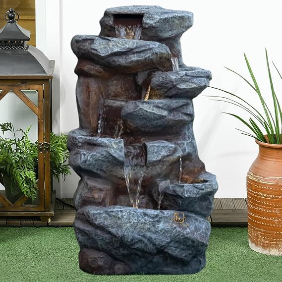 Trisaini Craft Cascading Rock Waterfall Fountain, Indoor Outdoor Decorative Water Feature, Grey Stone Finish with LED Lights and Water Pump