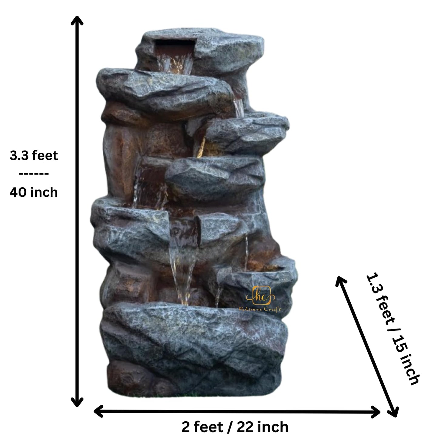 Trisaini Craft Cascading Rock Waterfall Fountain, Indoor Outdoor Decorative Water Feature, Grey Stone Finish with LED Lights and Water Pump