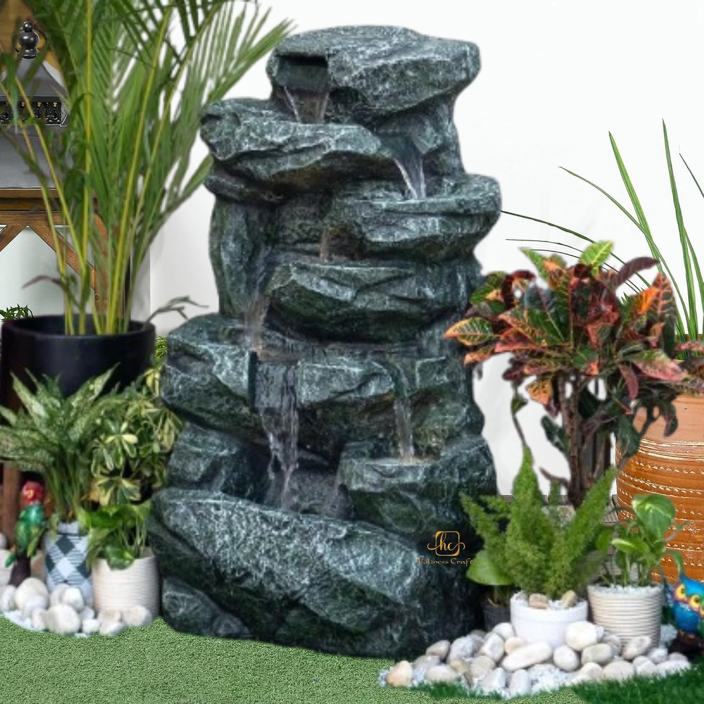 Trisaini Craft Rock Waterfall Fountain, Indoor Outdoor Multi-Tier Cascading Design, Green Stone Finish with LED Lights and Water Motor