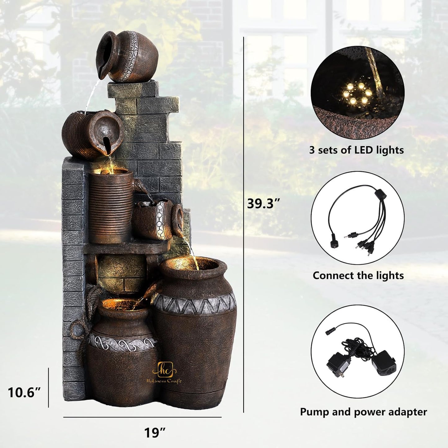 Trisaini Craft Brick Pot Water Fountain for Home Decor | Indoor Tabletop Office | Lawn Balcony | Gift Gifting with LED Lights Water Pump | Brick Matka Water Fountain