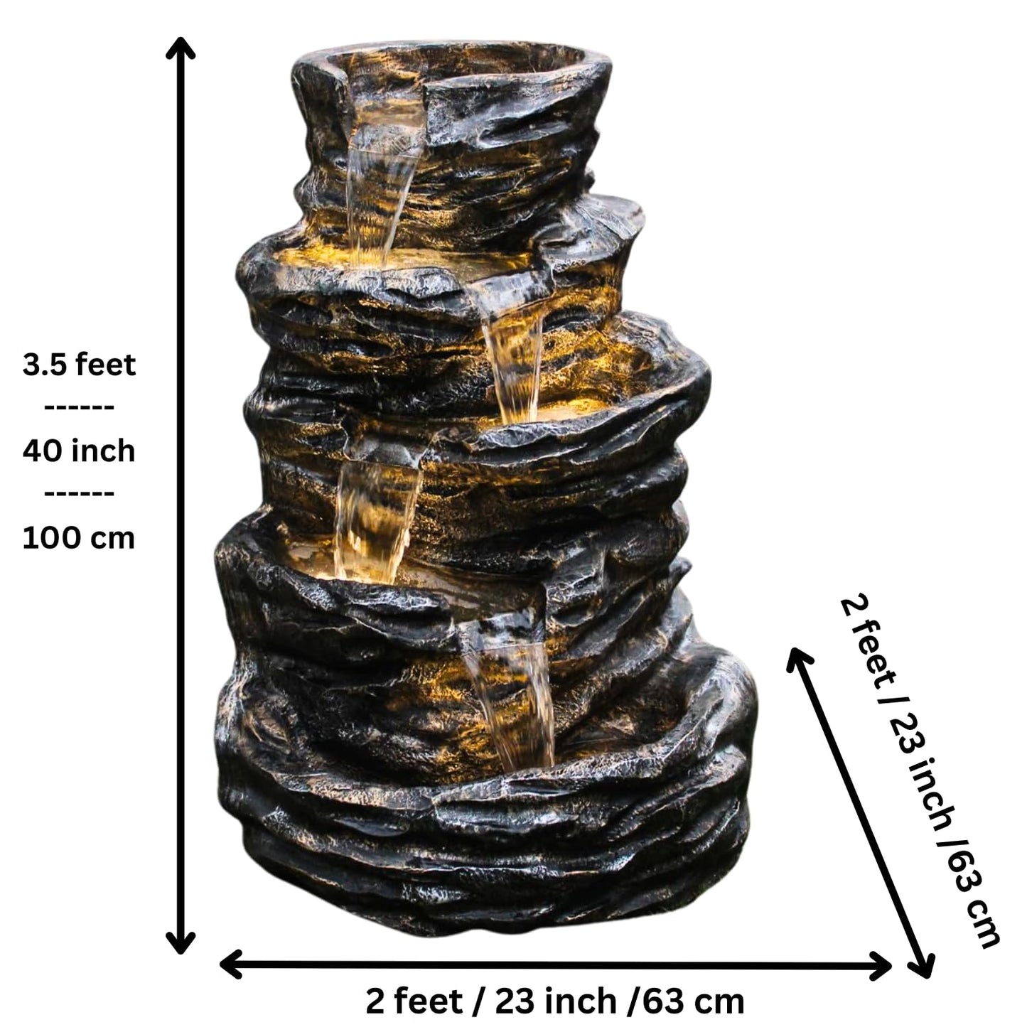 Trisaini Craft 5 Tier Cascading Spiral Black Rock Fountain for Indoor Outdoor Living Room Home Decor Garden Patio Deck Porch - Yard Art Decoration Gift Gifting with Light and Water Pump