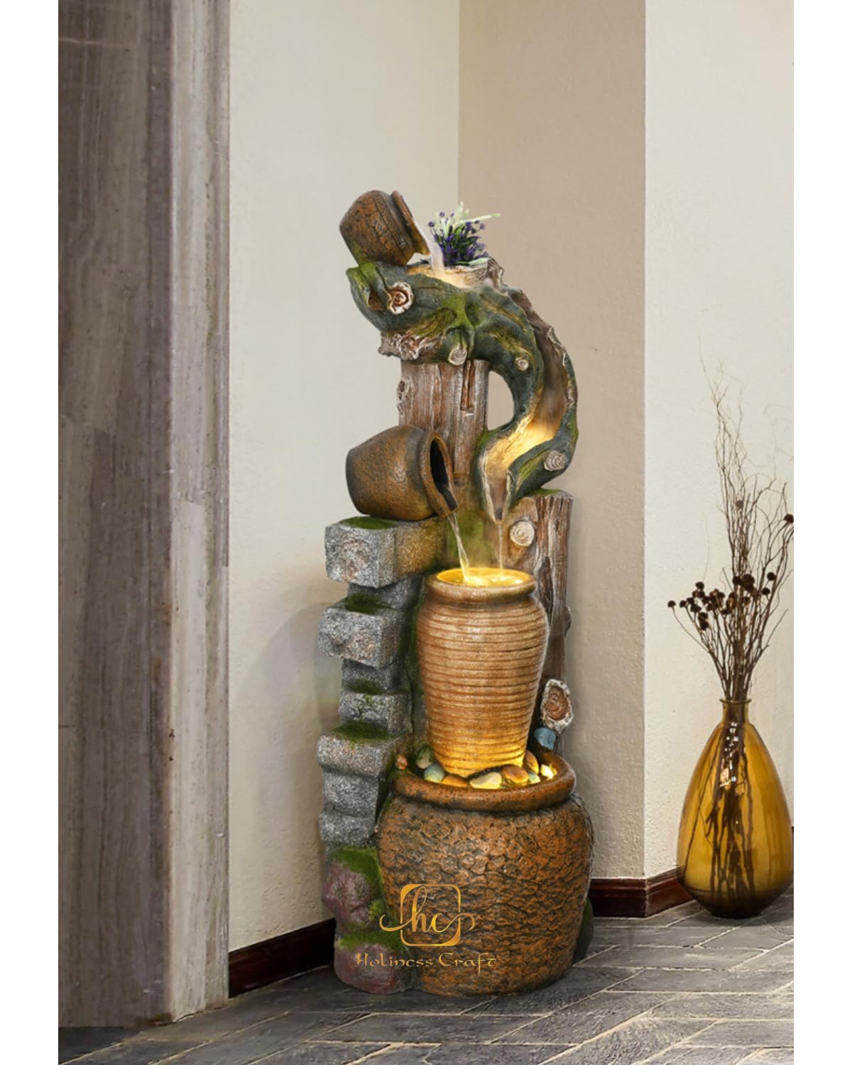 Trisaini Craft Resin, glass, stone Flowerpot Water Fountain Landscape Decoration for Living Room Home Decor Garden Patio Deck Porch - Yard Art Decoration Gift Gifting with LED Lights Water Pump