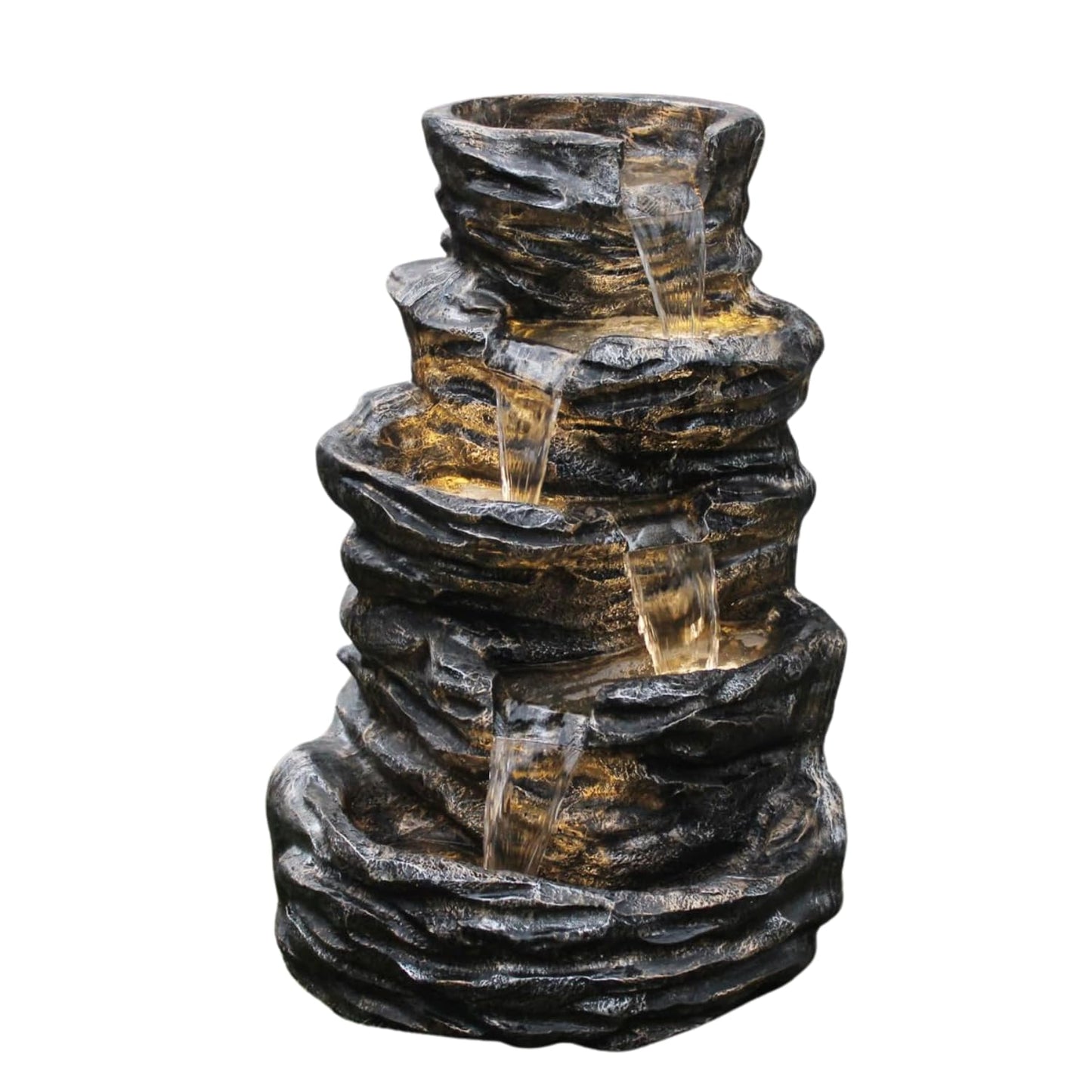 Trisaini Craft 5 Tier Cascading Spiral Black Rock Fountain for Indoor Outdoor Living Room Home Decor Garden Patio Deck Porch - Yard Art Decoration Gift Gifting with Light and Water Pump