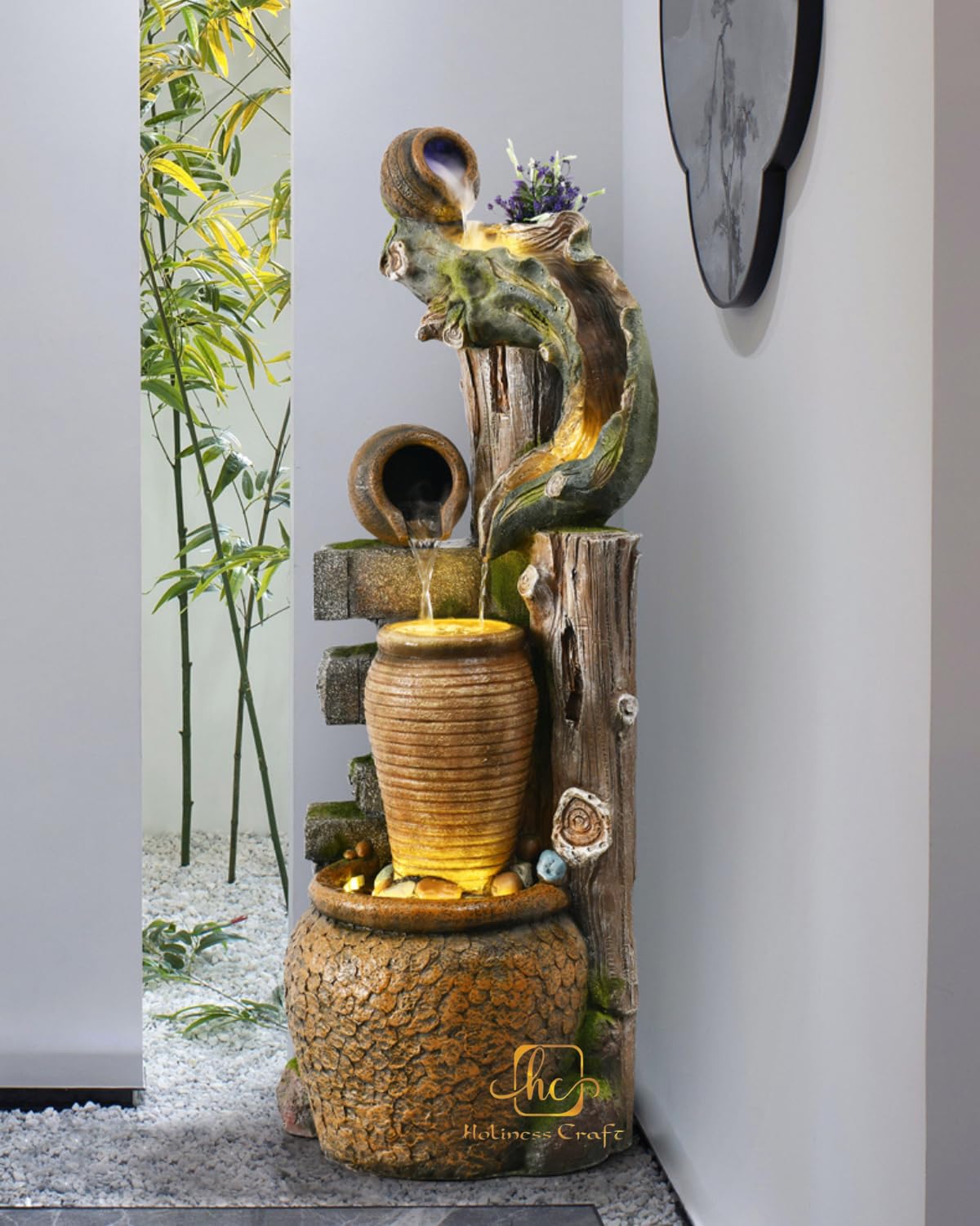 Trisaini Craft Resin, glass, stone Flowerpot Water Fountain Landscape Decoration for Living Room Home Decor Garden Patio Deck Porch - Yard Art Decoration Gift Gifting with LED Lights Water Pump