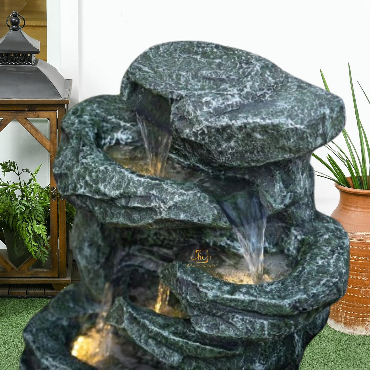 Trisaini Craft Rock Waterfall Fountain, Indoor Outdoor Multi-Tier Cascading Design, Green Stone Finish with LED Lights and Water Motor