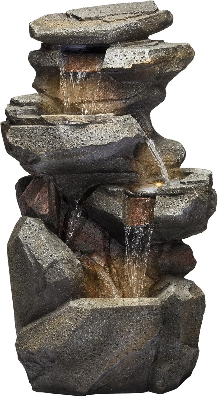 Trisaini Craft 4 - Tier Cascading Rock Waterfall Fountain for Indoor Outdoor Living Room Home Decor Garden Patio Deck Porch - Yard Art Decoration Gift Gifting with Light and Water Pump