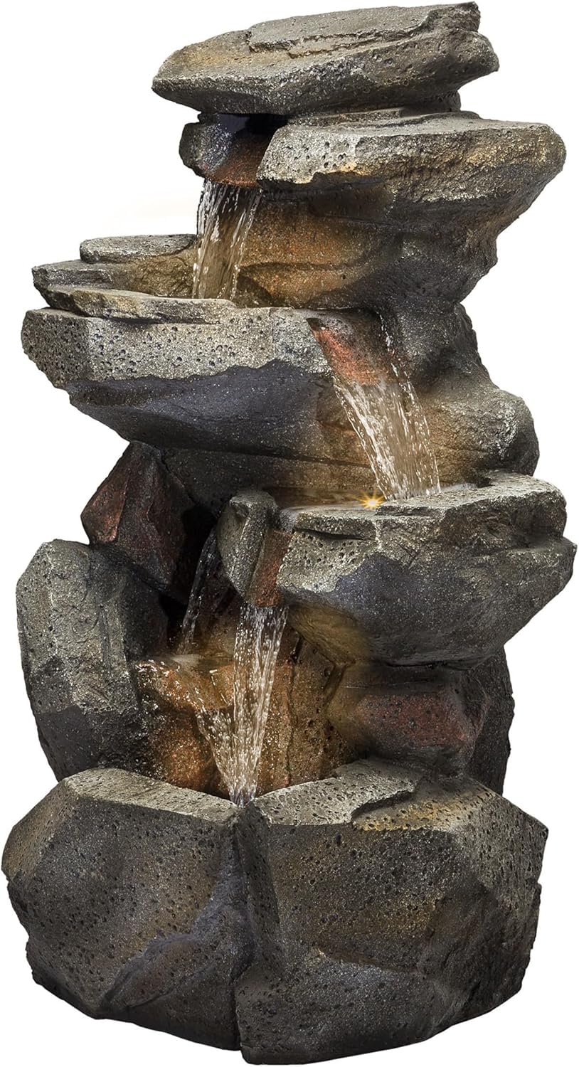Trisaini Craft 4 - Tier Cascading Rock Waterfall Fountain for Indoor Outdoor Living Room Home Decor Garden Patio Deck Porch - Yard Art Decoration Gift Gifting with Light and Water Pump