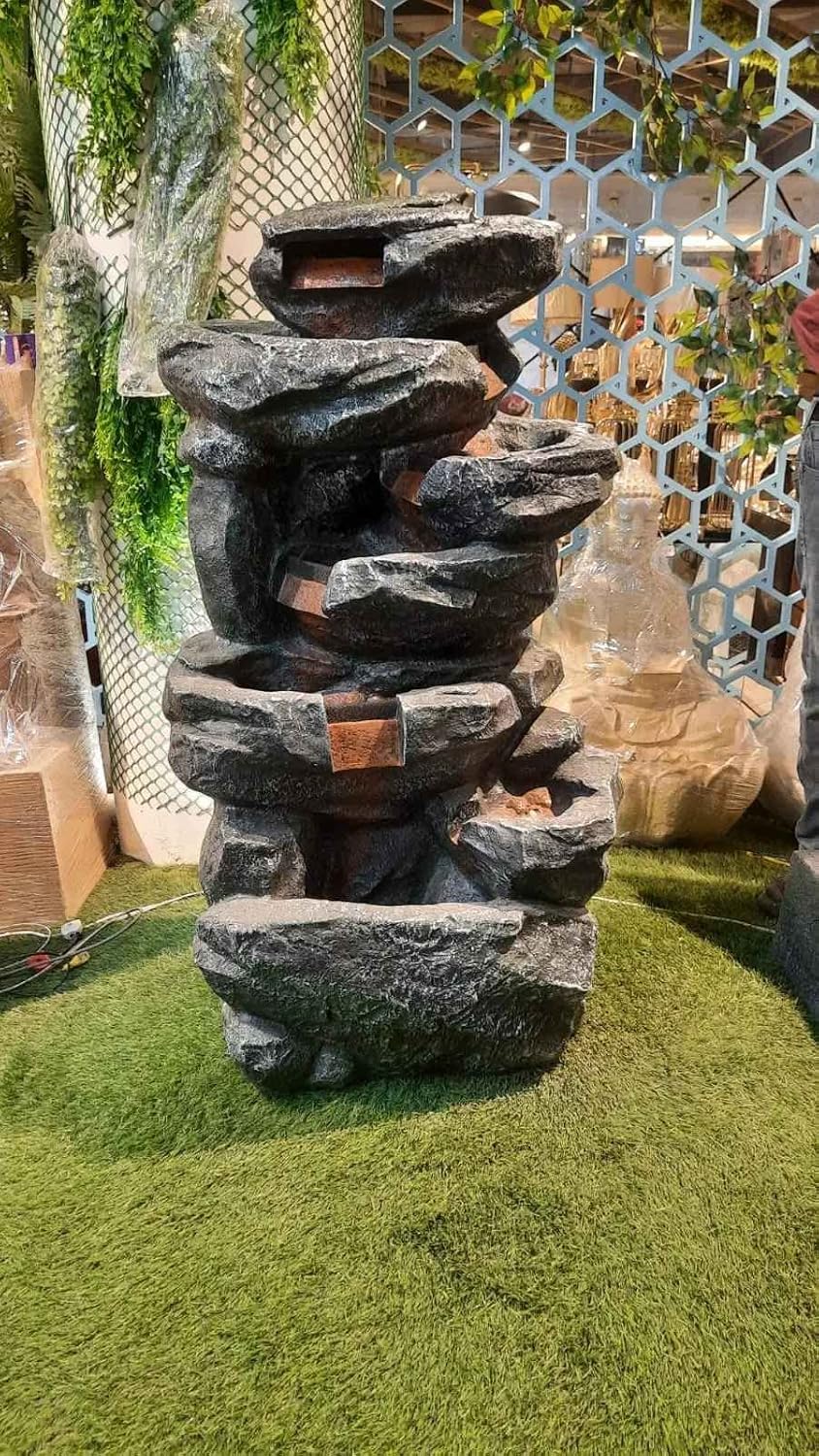 Trisaini Craft 40 Inches Double Spiral Sandstone Fiber Water Fountain for Living Room Home Decor Garden Patio Deck Porch - Yard Art Decoration Gift Gifting with LED Lights Water Pump