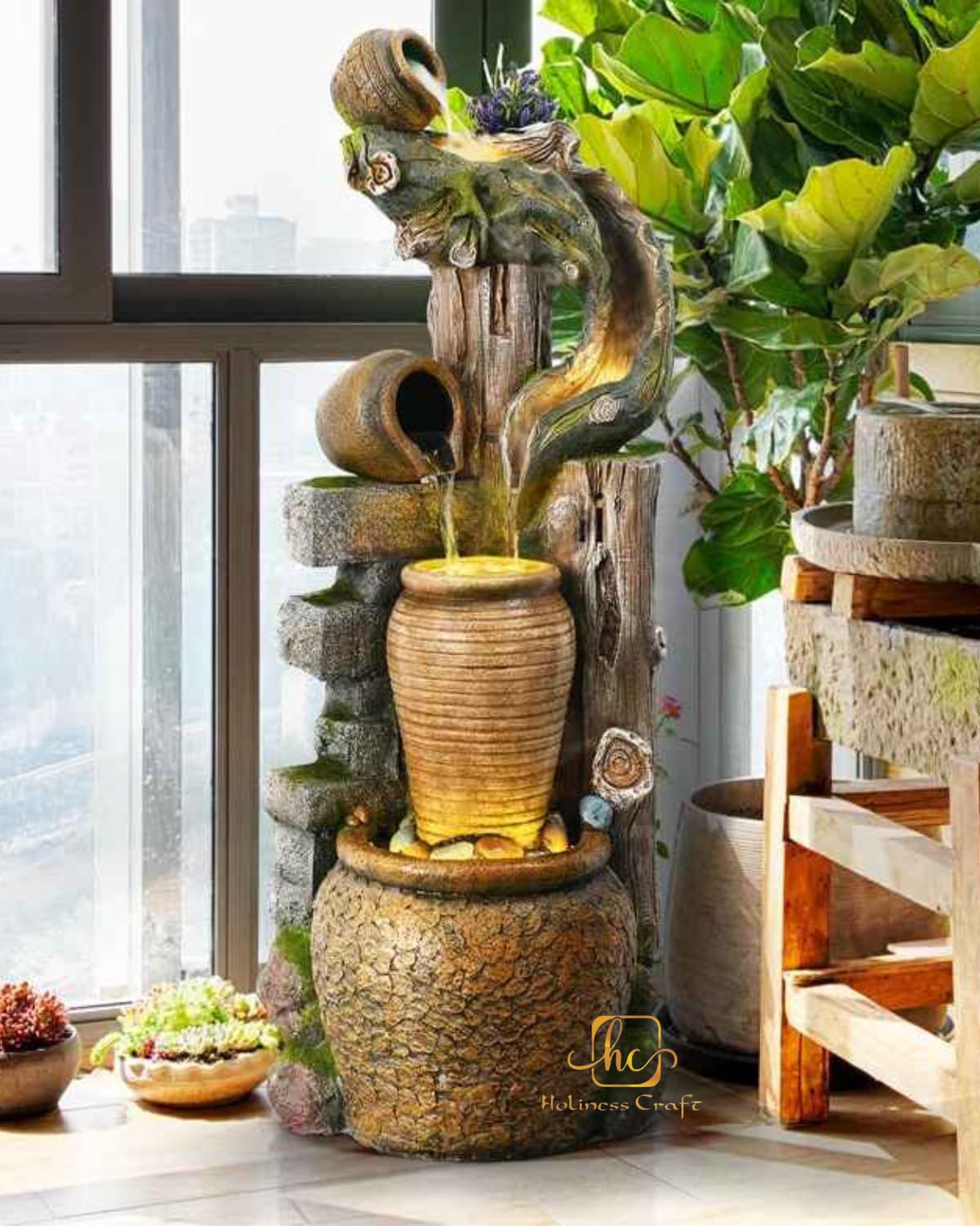 Trisaini Craft Resin, glass, stone Flowerpot Water Fountain Landscape Decoration for Living Room Home Decor Garden Patio Deck Porch - Yard Art Decoration Gift Gifting with LED Lights Water Pump