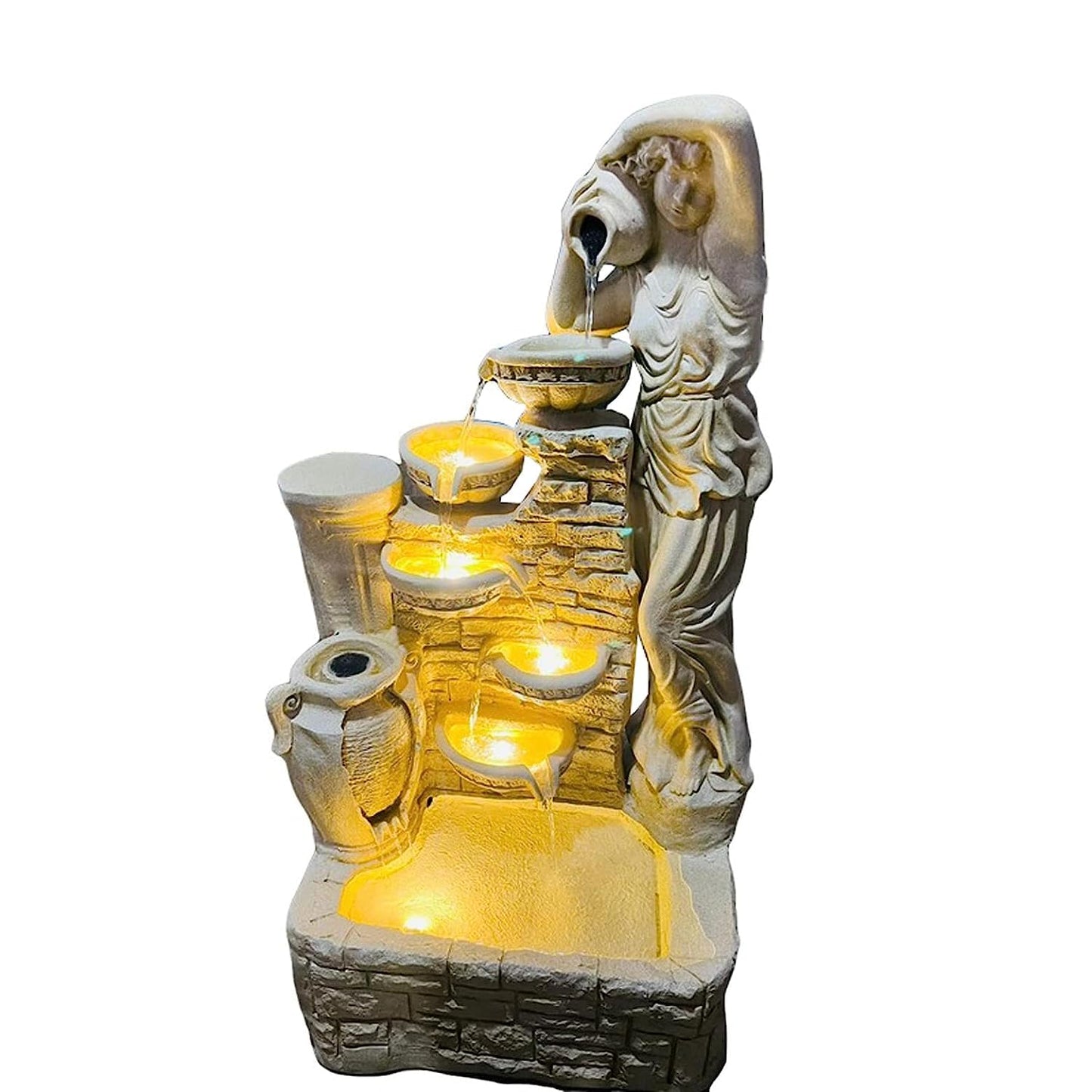 Trisaini Craft 4.5 ft Lady with 4 Pot Premium Fiber Water Fountain for Living Room Home Decor Garden Patio Deck Porch - Yard Art Decoration Gift Gifting with LED Lights Water Pump