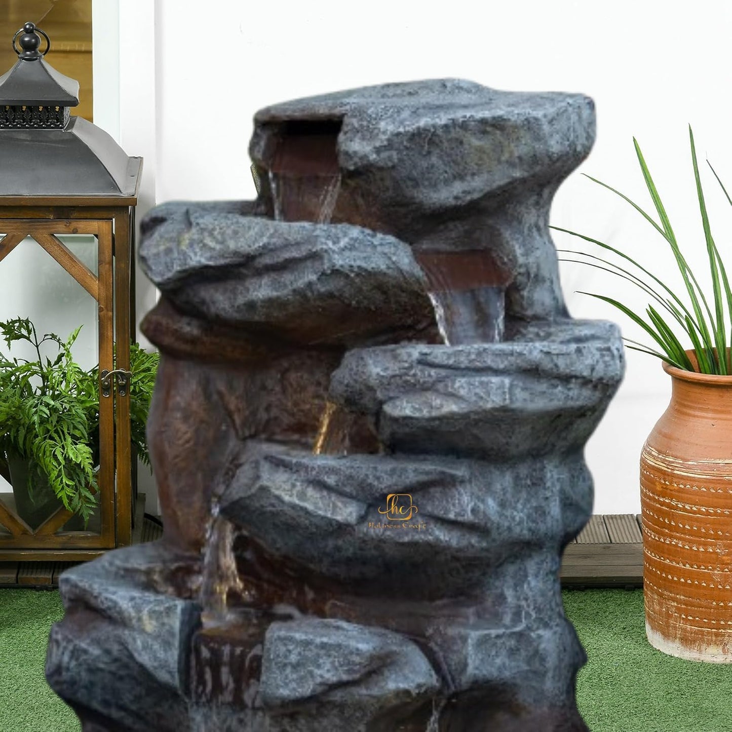 Trisaini Craft Cascading Rock Waterfall Fountain, Indoor Outdoor Decorative Water Feature, Grey Stone Finish with LED Lights and Water Pump