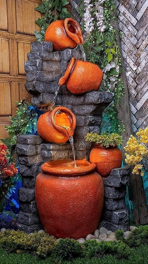 Trisaini Craft 48 inch Long Brick Pot Water Fountain for Home Decor | Indoor Tabletop Office | Lawn Balcony | Gift Gifting with LED Lights Water Pump | 4 Feet Brick Matka Water Fountain (Brown Grey)