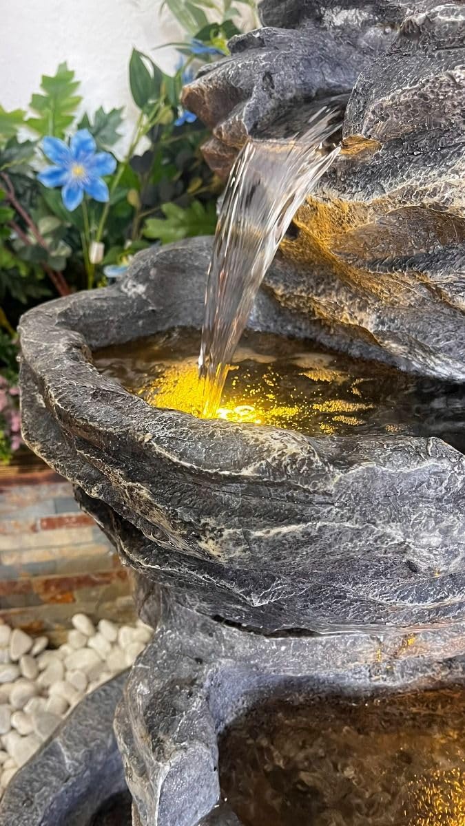 Trisaini Craft 5 Tier Cascading Spiral Ash Black Rock Fountain for Indoor Outdoor Living Room Home Decor Garden Patio Deck Porch - Yard Art Decoration Gift Gifting with Light and Water Pump