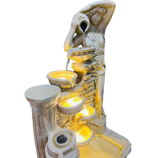 Trisaini Craft 4.5 ft Lady with 4 Pot Premium Fiber Water Fountain for Living Room Home Decor Garden Patio Deck Porch - Yard Art Decoration Gift Gifting with LED Lights Water Pump
