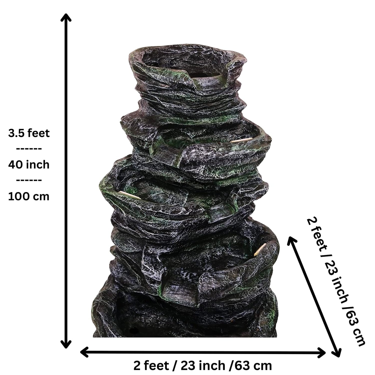 Trisaini Craft 5 Tier Cascading Spiral Ash Black Rock Fountain for Indoor Outdoor Living Room Home Decor Garden Patio Deck Porch - Yard Art Decoration Gift Gifting with Light and Water Pump
