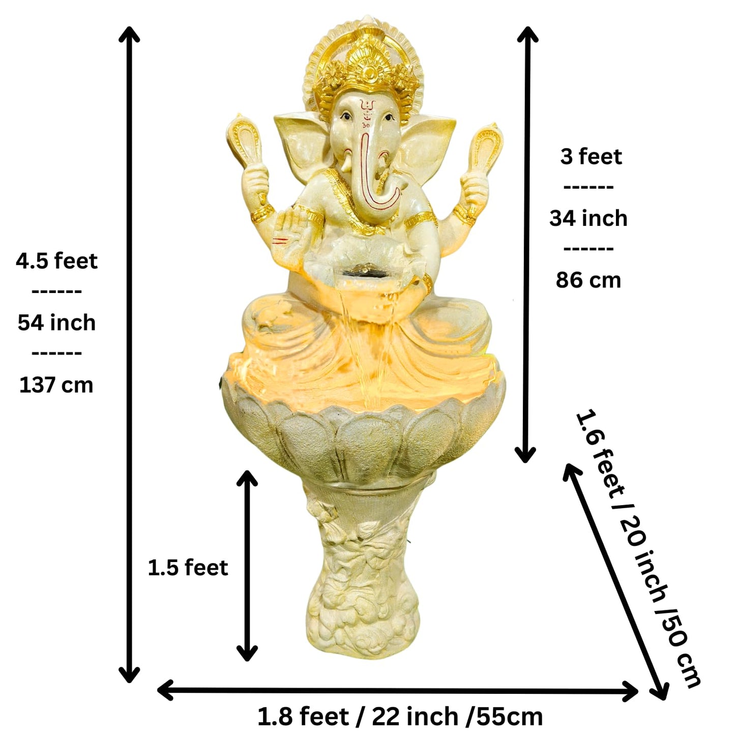 Trisaini Craft Lotus Ganesha Water Fountain with Stand for Indoor Outdoor Home Decor Farmhouse Decor Garden Patio Deck Porch Gift Gifting with LED Lights Water Pump