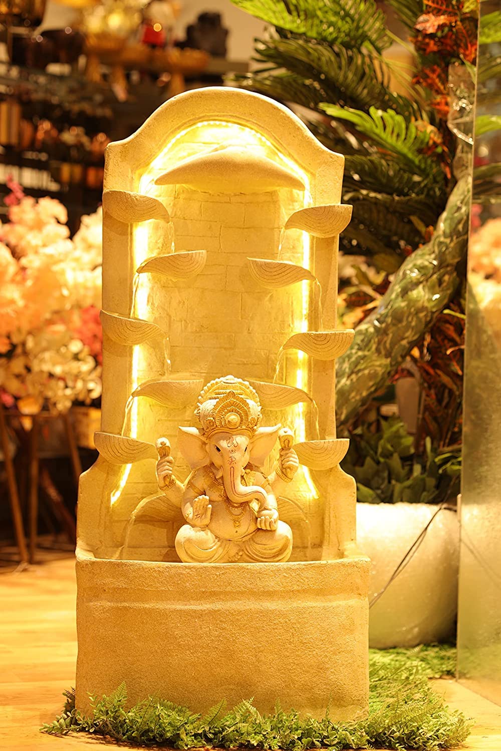 Trisaini Craft Resin, Fiberglass Water Fountain 44 Inch Long Diya Ganesh Fiber Water Fountain for Living Room Home Decor Garden Patio Deck Porch with Led Lights Water Pump