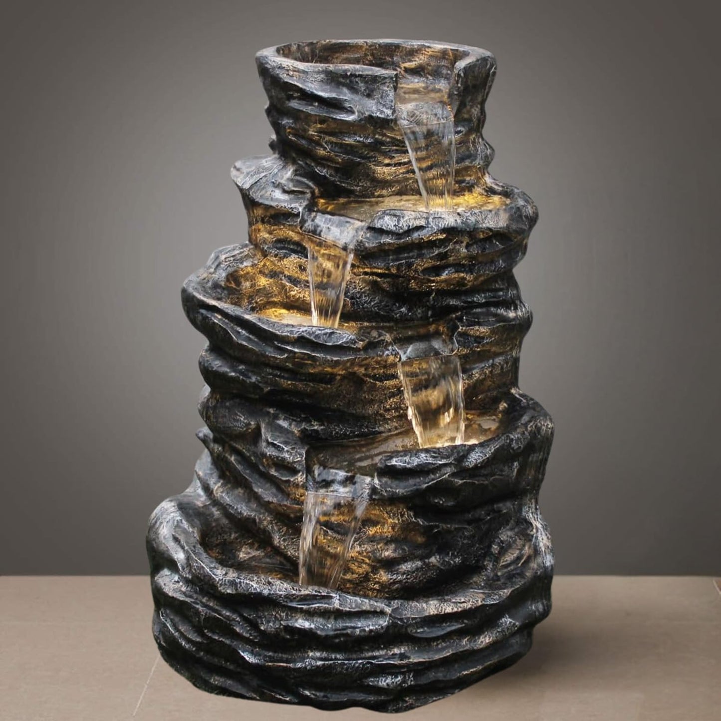 Trisaini Craft 5 Tier Cascading Spiral Black Rock Fountain for Indoor Outdoor Living Room Home Decor Garden Patio Deck Porch - Yard Art Decoration Gift Gifting with Light and Water Pump