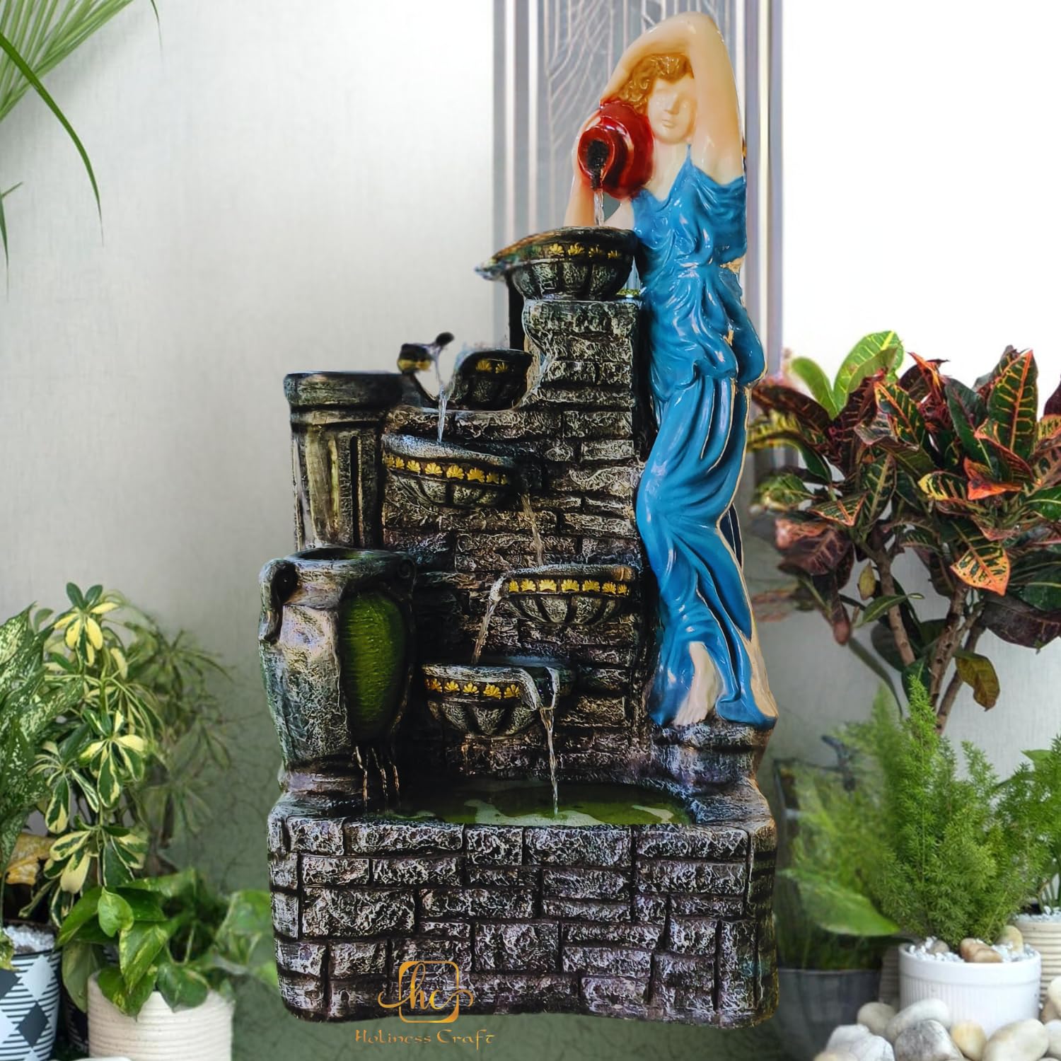 Craft 4.5 feet Lady Water Fountain with 4 Pots, LED & Pump – Home Decors |