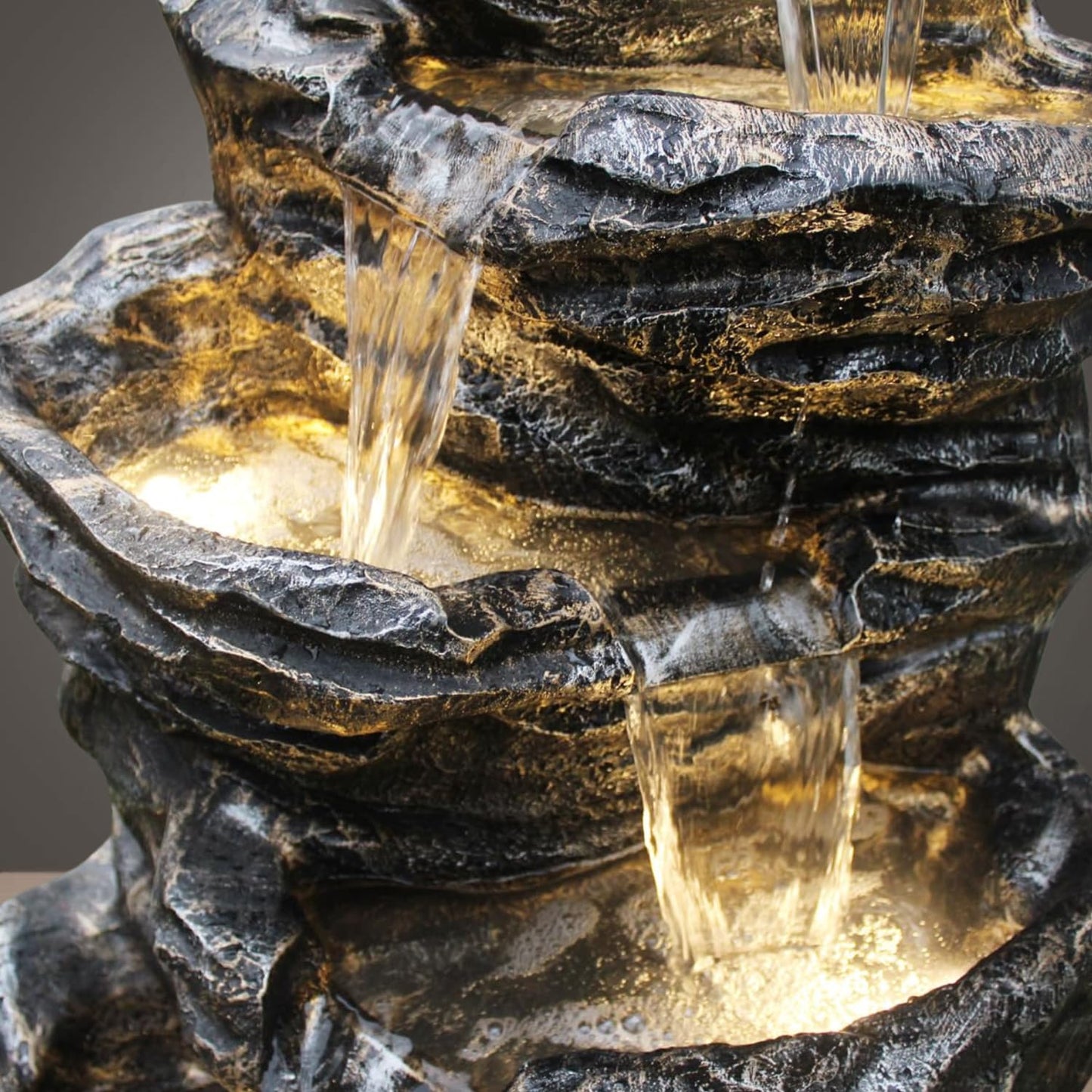 Trisaini Craft 5 Tier Cascading Spiral Black Rock Fountain for Indoor Outdoor Living Room Home Decor Garden Patio Deck Porch - Yard Art Decoration Gift Gifting with Light and Water Pump