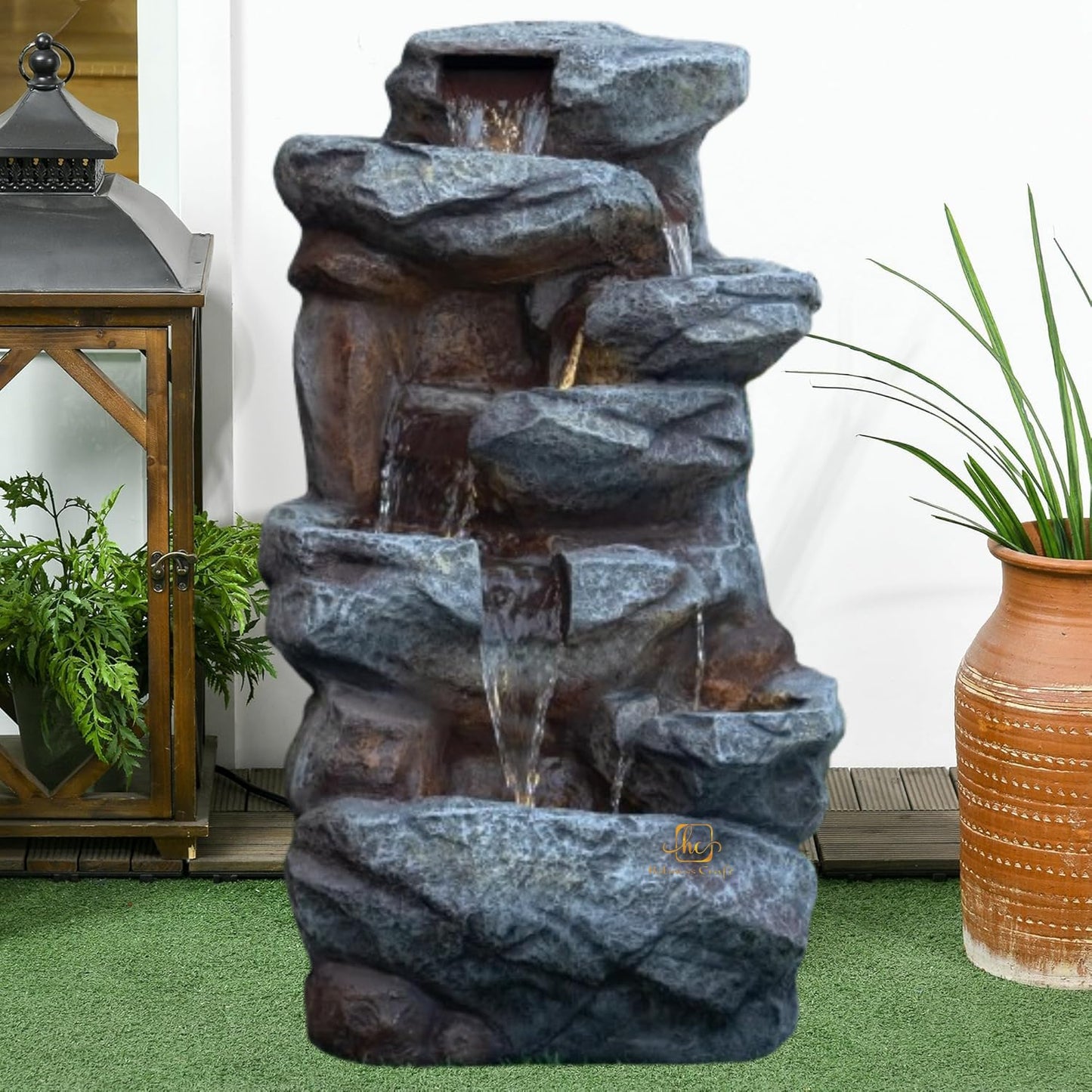 Trisaini Craft Cascading Rock Waterfall Fountain, Indoor Outdoor Decorative Water Feature, Grey Stone Finish with LED Lights and Water Pump
