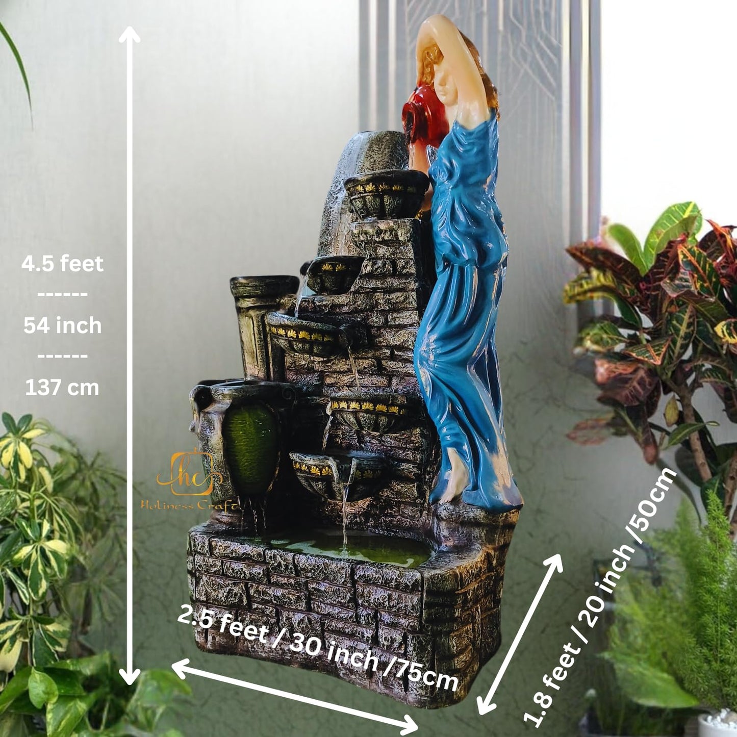 Trisaini Craft 4.5 Feet Lady with 4 Pot Premium Fiber Water Fountain for Living Room Home Decor Garden Patio Deck Porch - Yard Art Decoration Gift Gifting with LED Lights Water Pump