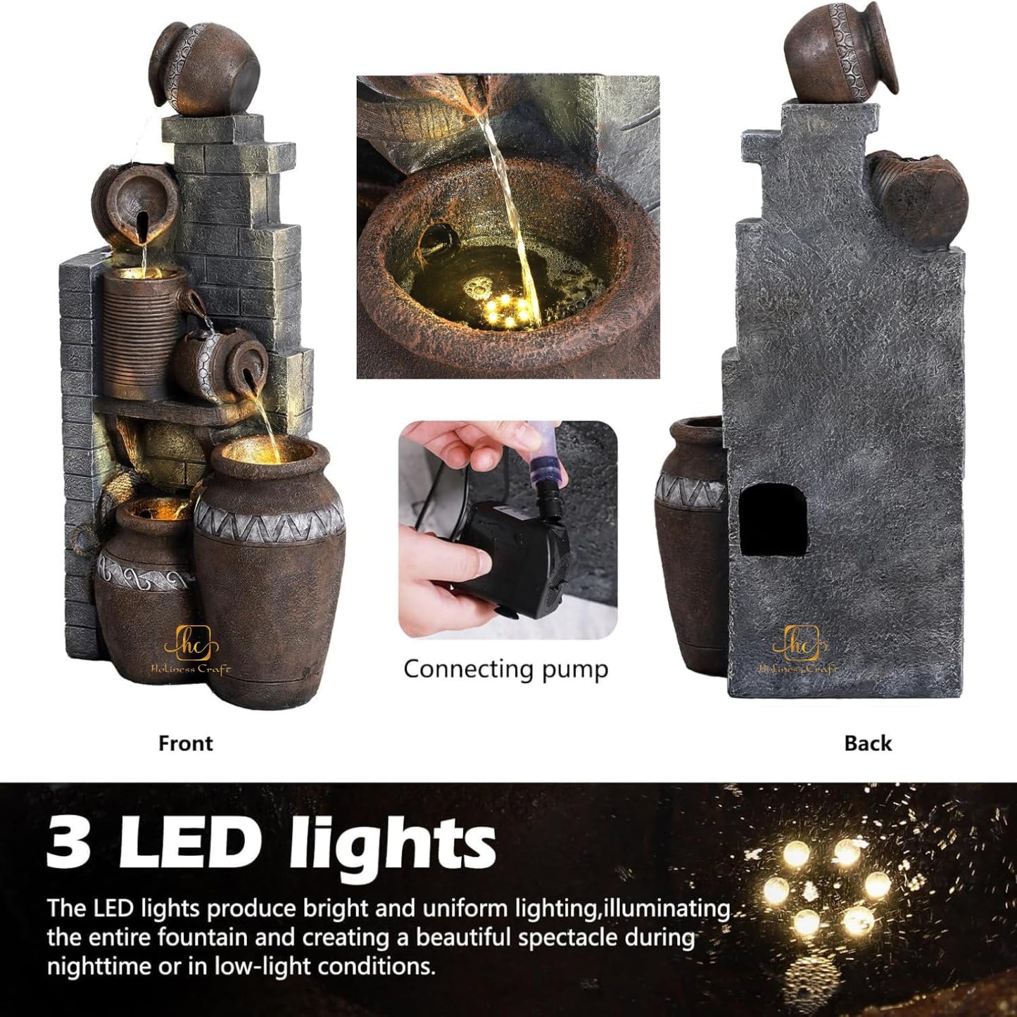 Trisaini Craft Brick Pot Water Fountain for Home Decor | Indoor Tabletop Office | Lawn Balcony | Gift Gifting with LED Lights Water Pump | Brick Matka Water Fountain