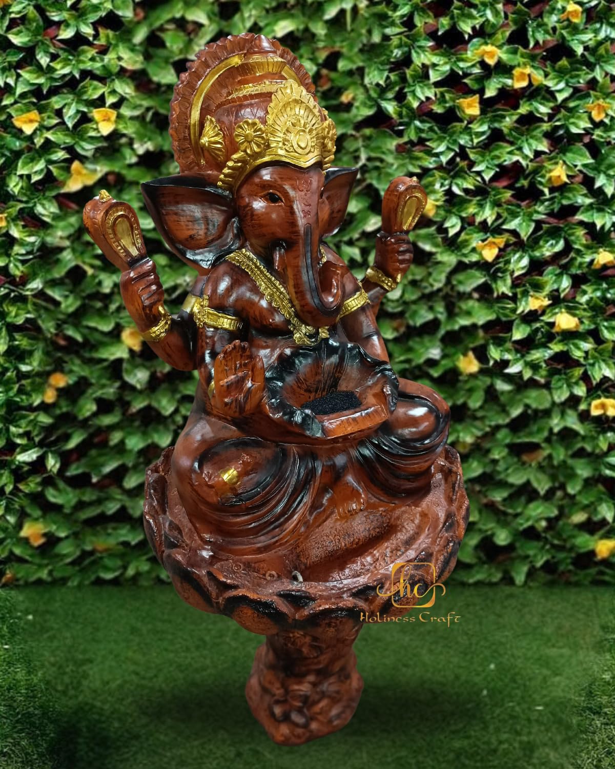 Trisaini Craft Lotus Ganesha Water Fountain with Stand for Indoor Outdoor Home Decor Farmhouse Decor Garden Patio Deck Porch Gift Gifting with LED Lights Water Pump