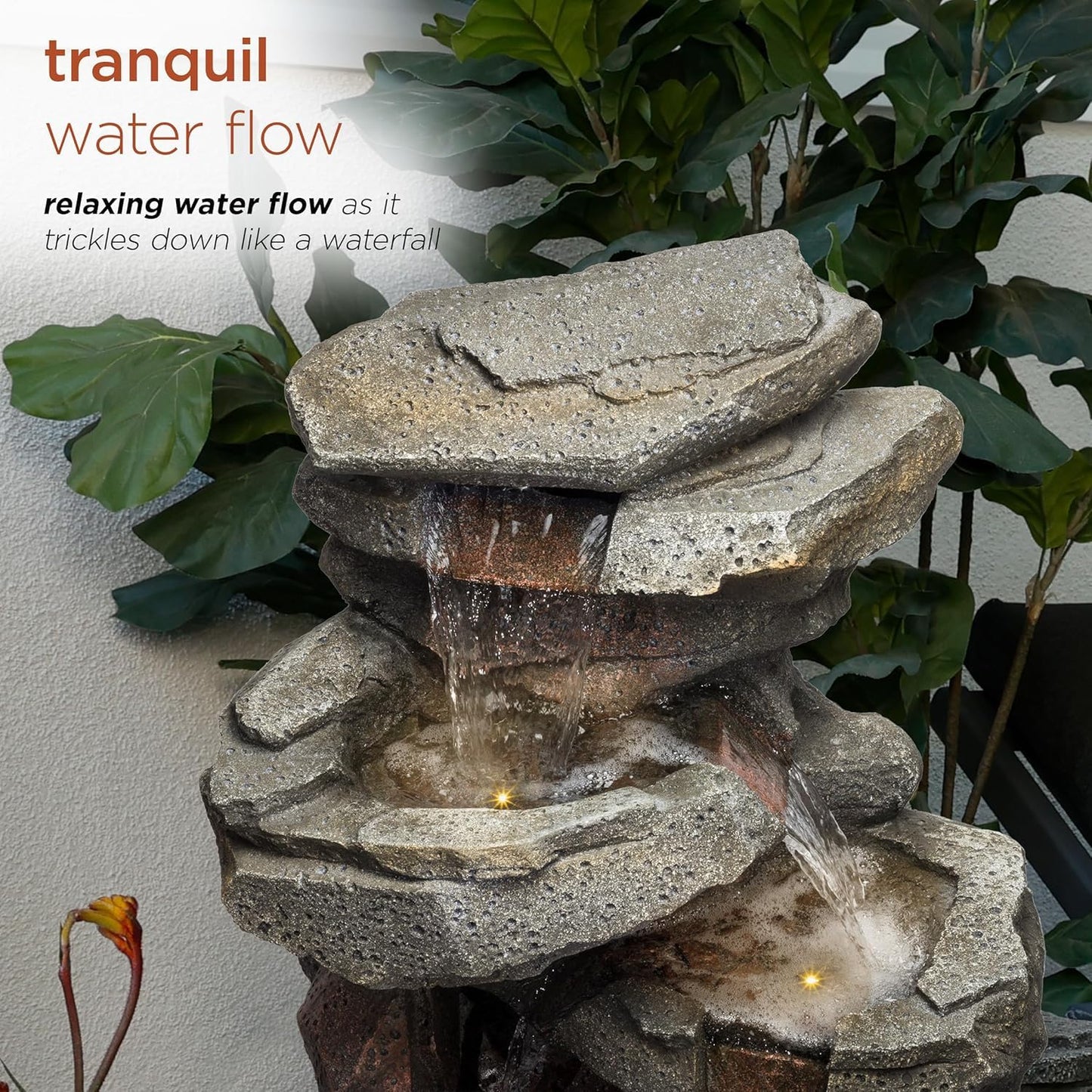 Trisaini Craft 4 - Tier Cascading Rock Waterfall Fountain for Indoor Outdoor Living Room Home Decor Garden Patio Deck Porch - Yard Art Decoration Gift Gifting with Light and Water Pump