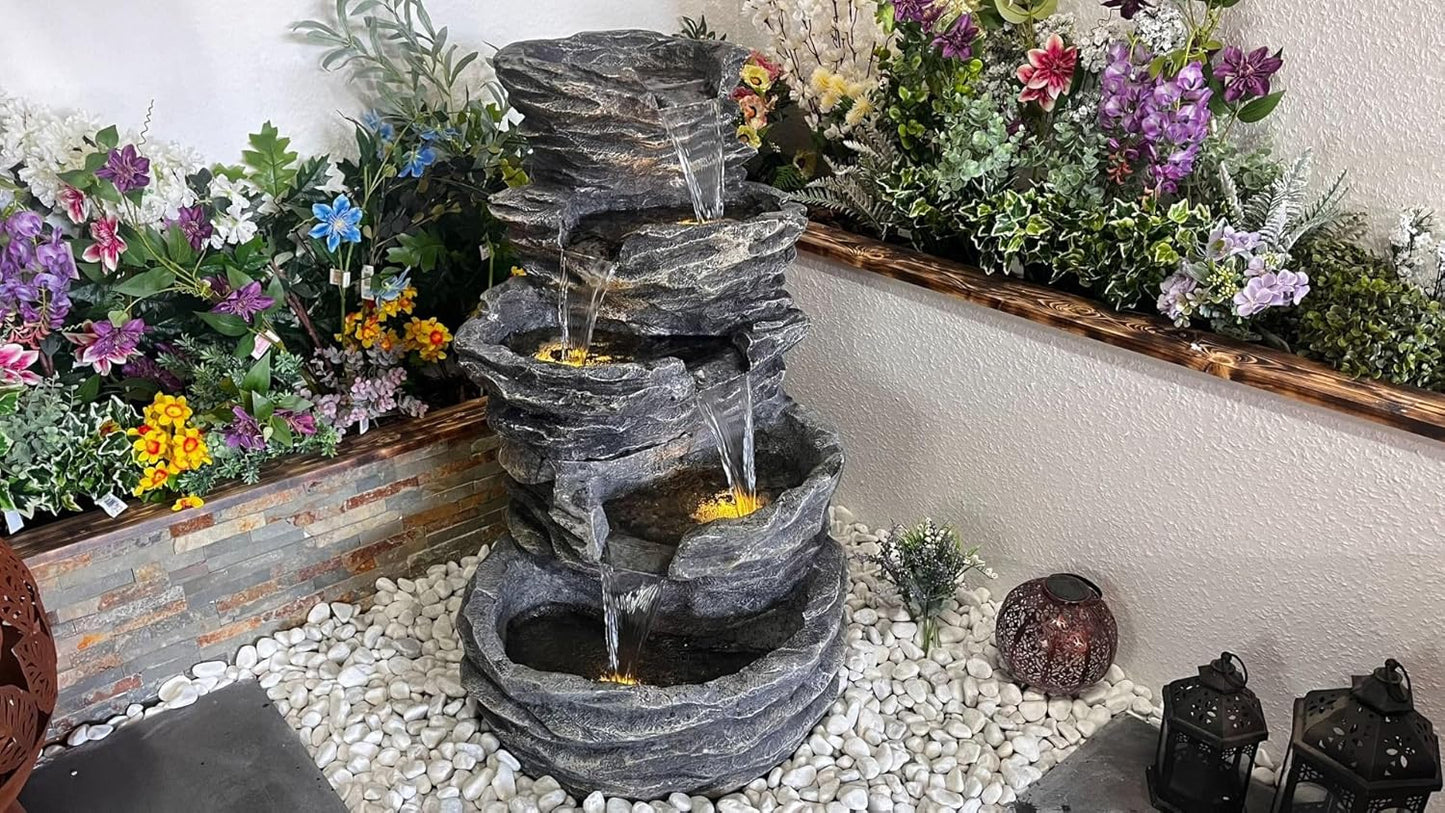 Trisaini Craft 5 Tier Cascading Spiral Ash Black Rock Fountain for Indoor Outdoor Living Room Home Decor Garden Patio Deck Porch - Yard Art Decoration Gift Gifting with Light and Water Pump