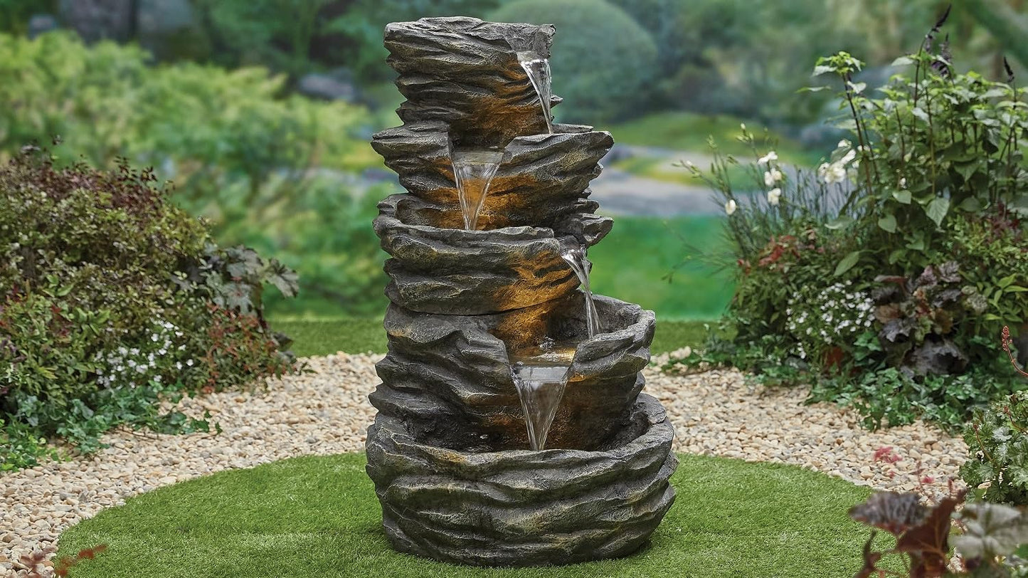 Trisaini Craft 5 Tier Cascading Spiral Sea Green Rock Fountain for Indoor Outdoor Living Room Home Decor Garden Patio Deck Porch - Yard Art Decoration Gift Gifting with Light and Water Pump