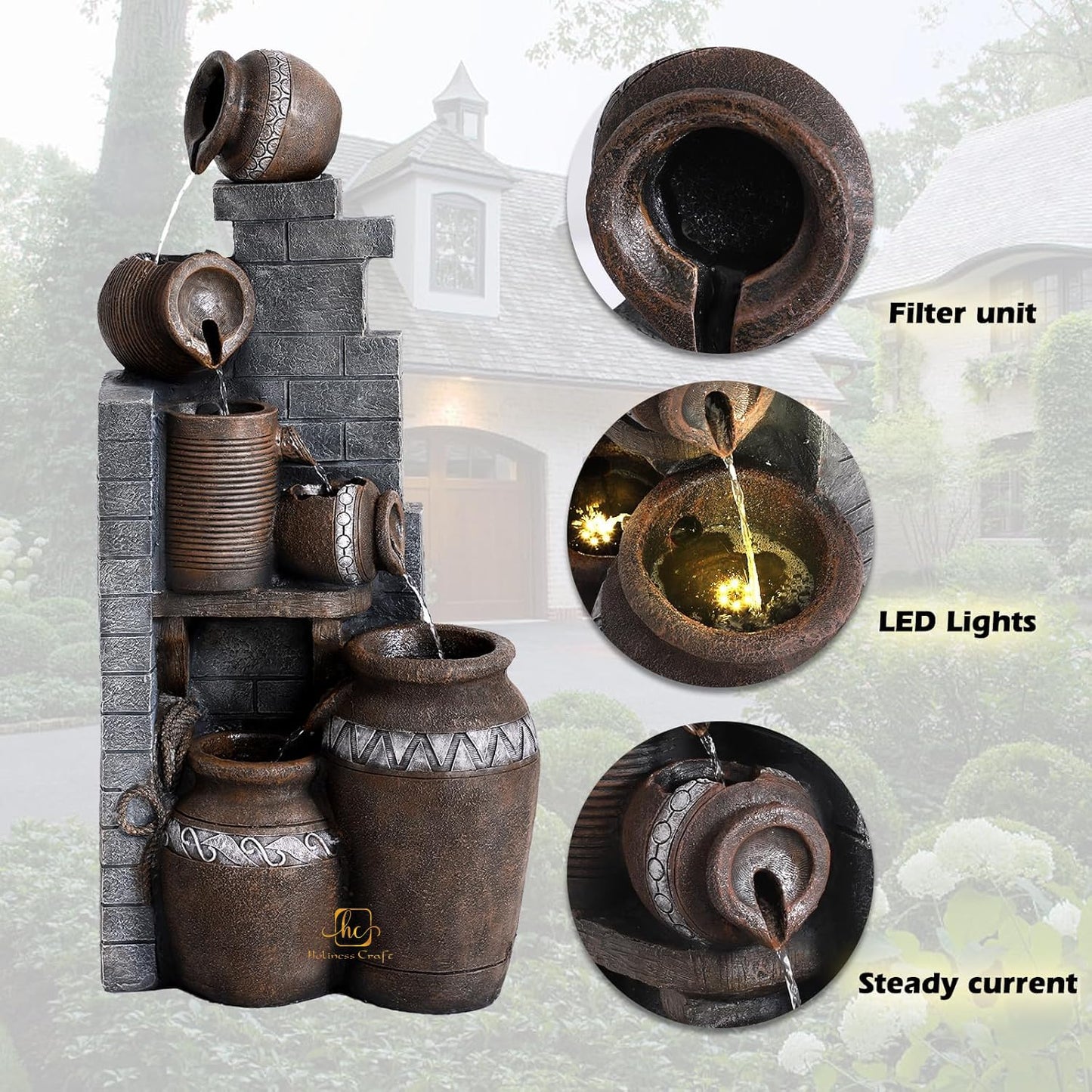 Trisaini Craft Brick Pot Water Fountain for Home Decor | Indoor Tabletop Office | Lawn Balcony | Gift Gifting with LED Lights Water Pump | Brick Matka Water Fountain