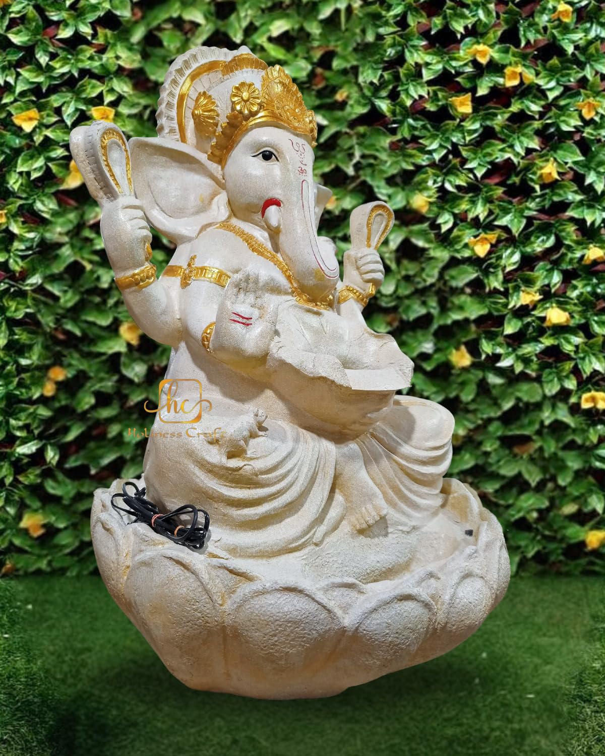Trisaini Craft Lotus Ganesha Water Fountain with Stand for Indoor Outdoor Home Decor Farmhouse Decor Garden Patio Deck Porch Gift Gifting with LED Lights Water Pump