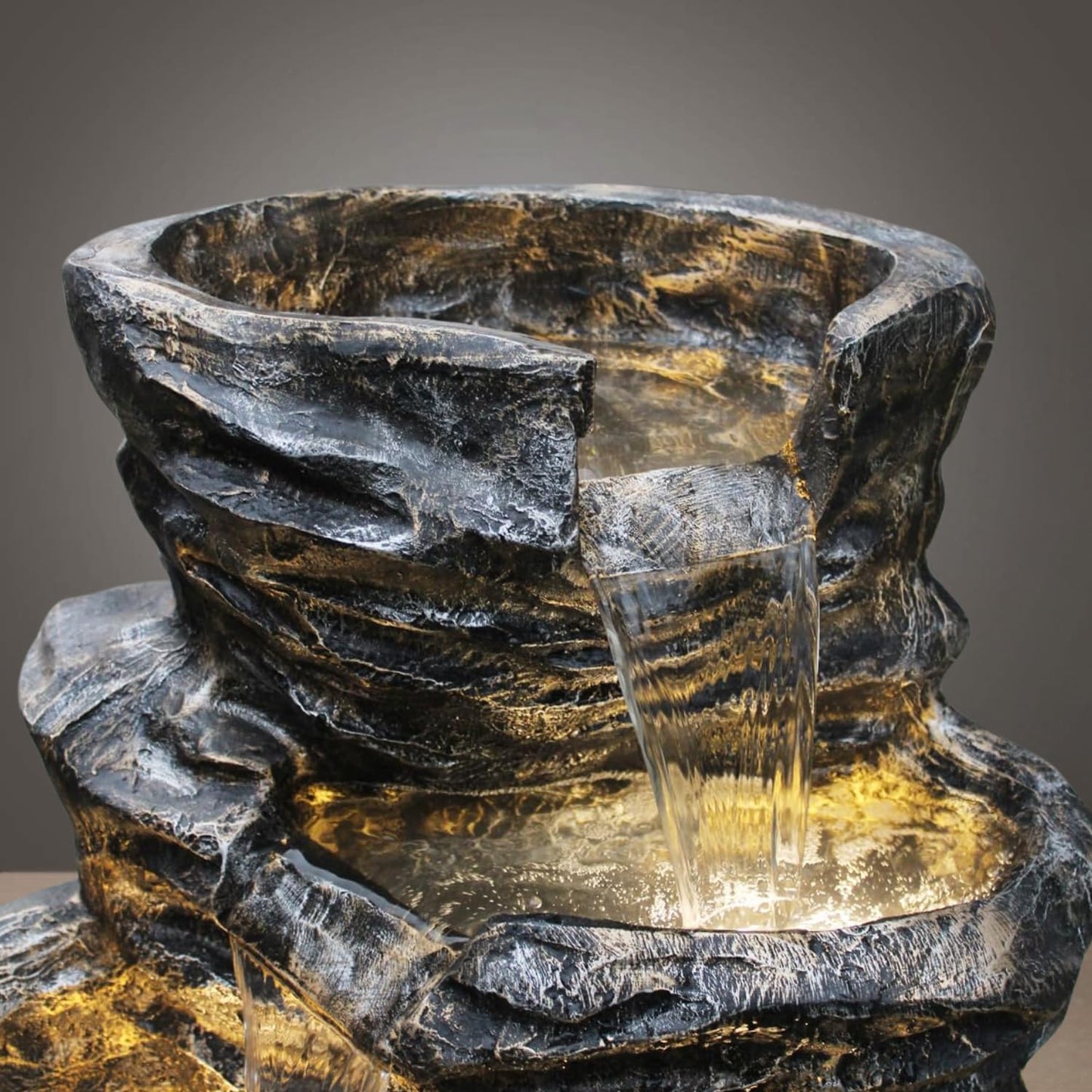 Trisaini Craft 5 Tier Cascading Spiral Black Rock Fountain for Indoor Outdoor Living Room Home Decor Garden Patio Deck Porch - Yard Art Decoration Gift Gifting with Light and Water Pump