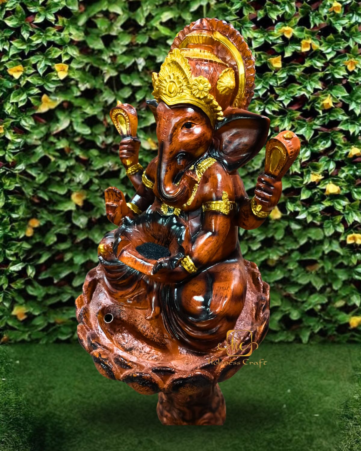 Trisaini Craft Lotus Ganesha Water Fountain with Stand for Indoor Outdoor Home Decor Farmhouse Decor Garden Patio Deck Porch Gift Gifting with LED Lights Water Pump