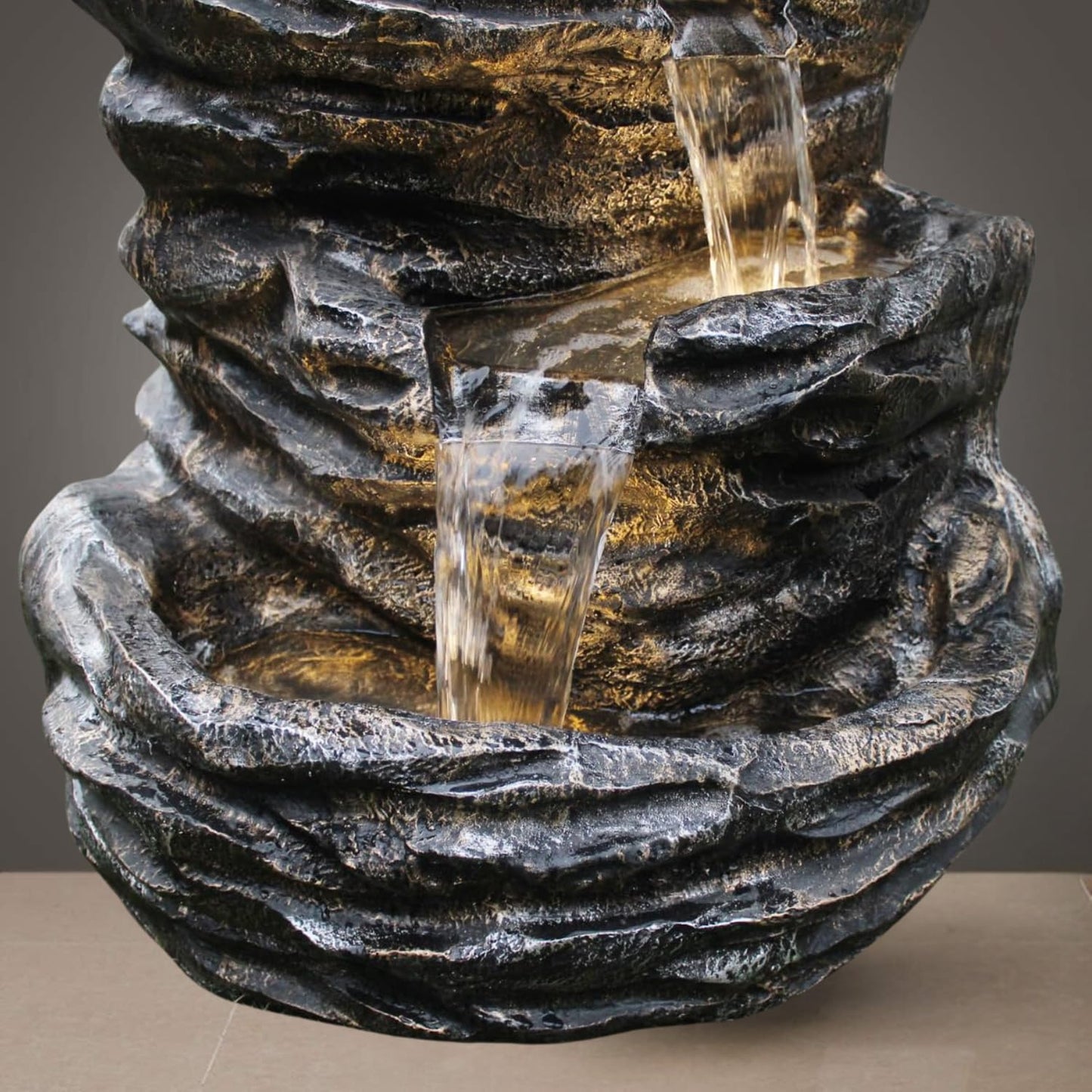 Trisaini Craft 5 Tier Cascading Spiral Black Rock Fountain for Indoor Outdoor Living Room Home Decor Garden Patio Deck Porch - Yard Art Decoration Gift Gifting with Light and Water Pump