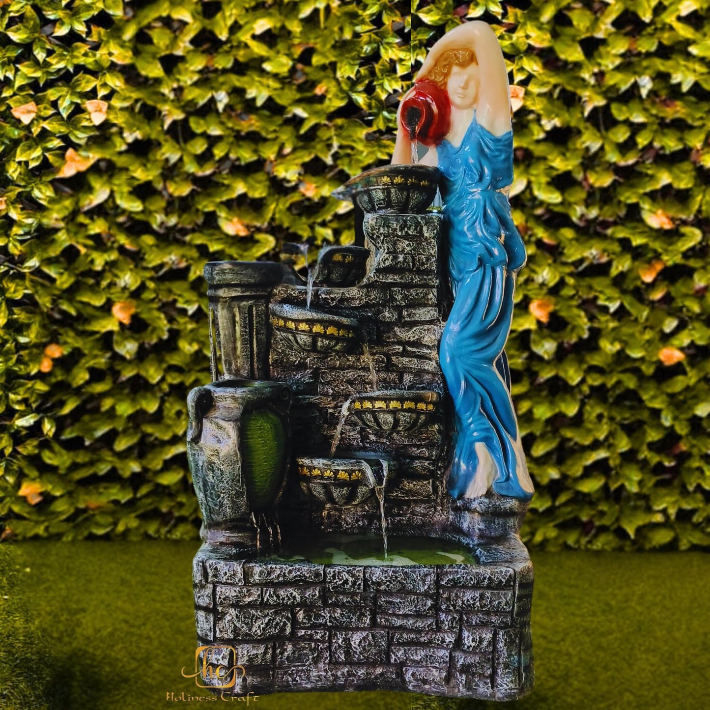 Trisaini Craft 4.5 Feet Lady with 4 Pot Premium Fiber Water Fountain for Living Room Home Decor Garden Patio Deck Porch - Yard Art Decoration Gift Gifting with LED Lights Water Pump