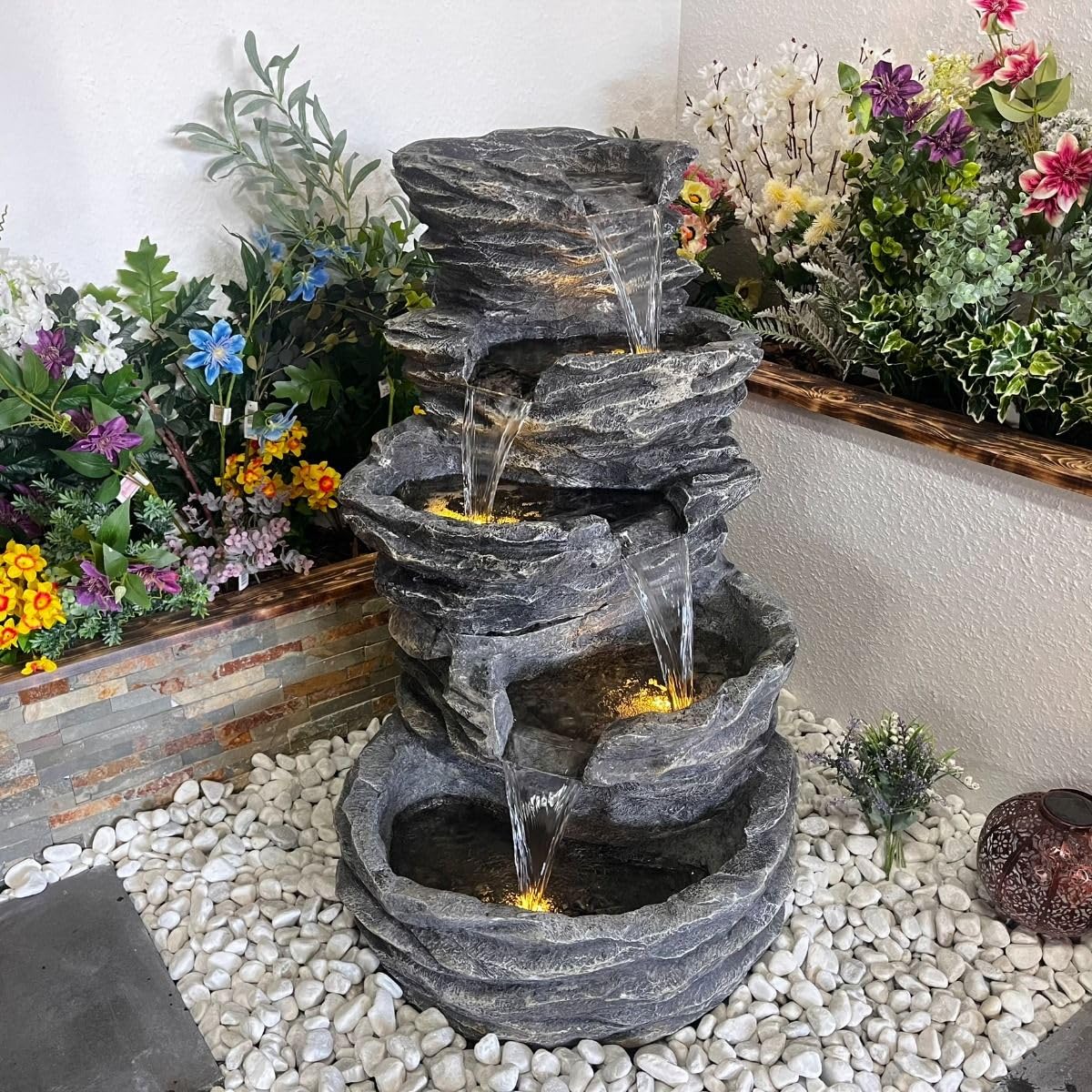 Trisaini Craft 5 Tier Cascading Spiral Ash Black Rock Fountain for Indoor Outdoor Living Room Home Decor Garden Patio Deck Porch - Yard Art Decoration Gift Gifting with Light and Water Pump