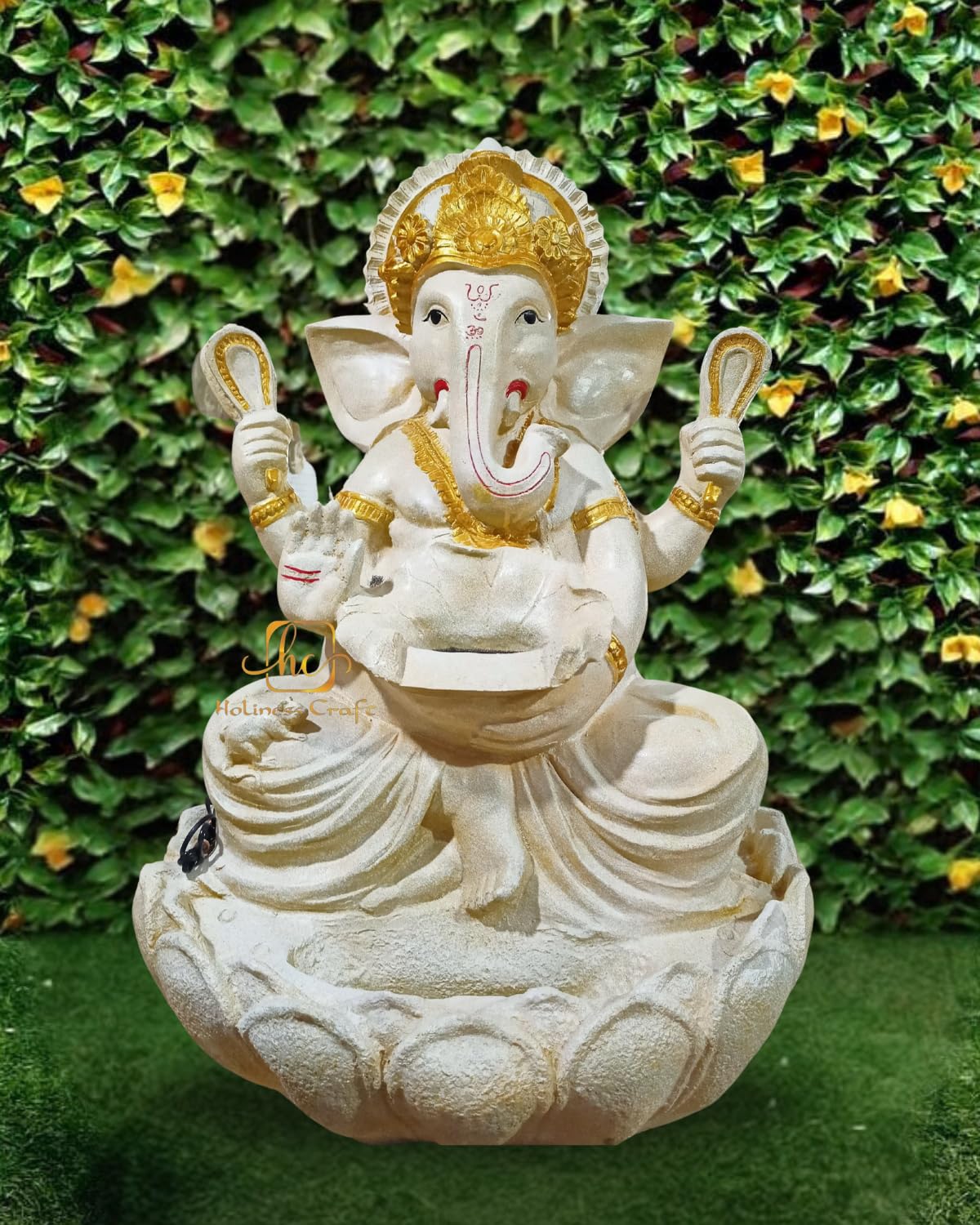 Trisaini Craft Lotus Ganesha Water Fountain with Stand for Indoor Outdoor Home Decor Farmhouse Decor Garden Patio Deck Porch Gift Gifting with LED Lights Water Pump