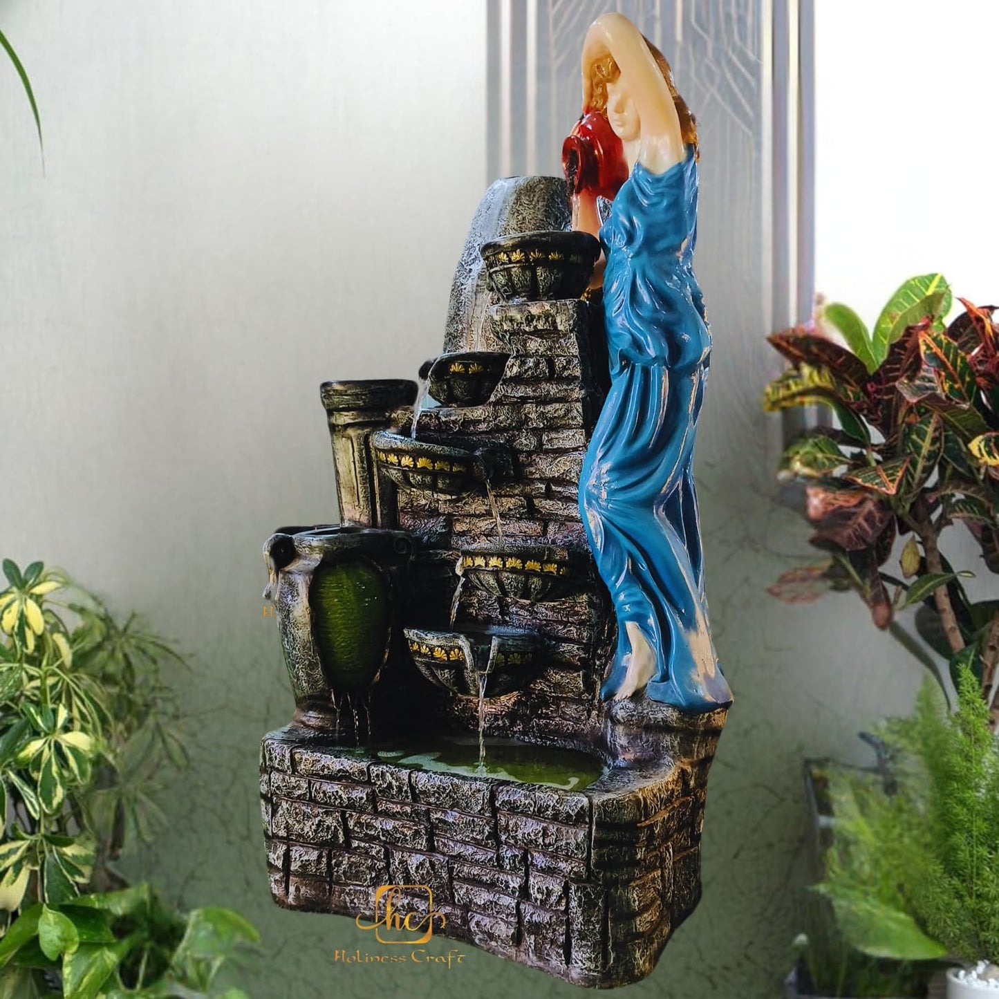 Trisaini Craft 4.5 Feet Lady with 4 Pot Premium Fiber Water Fountain for Living Room Home Decor Garden Patio Deck Porch - Yard Art Decoration Gift Gifting with LED Lights Water Pump