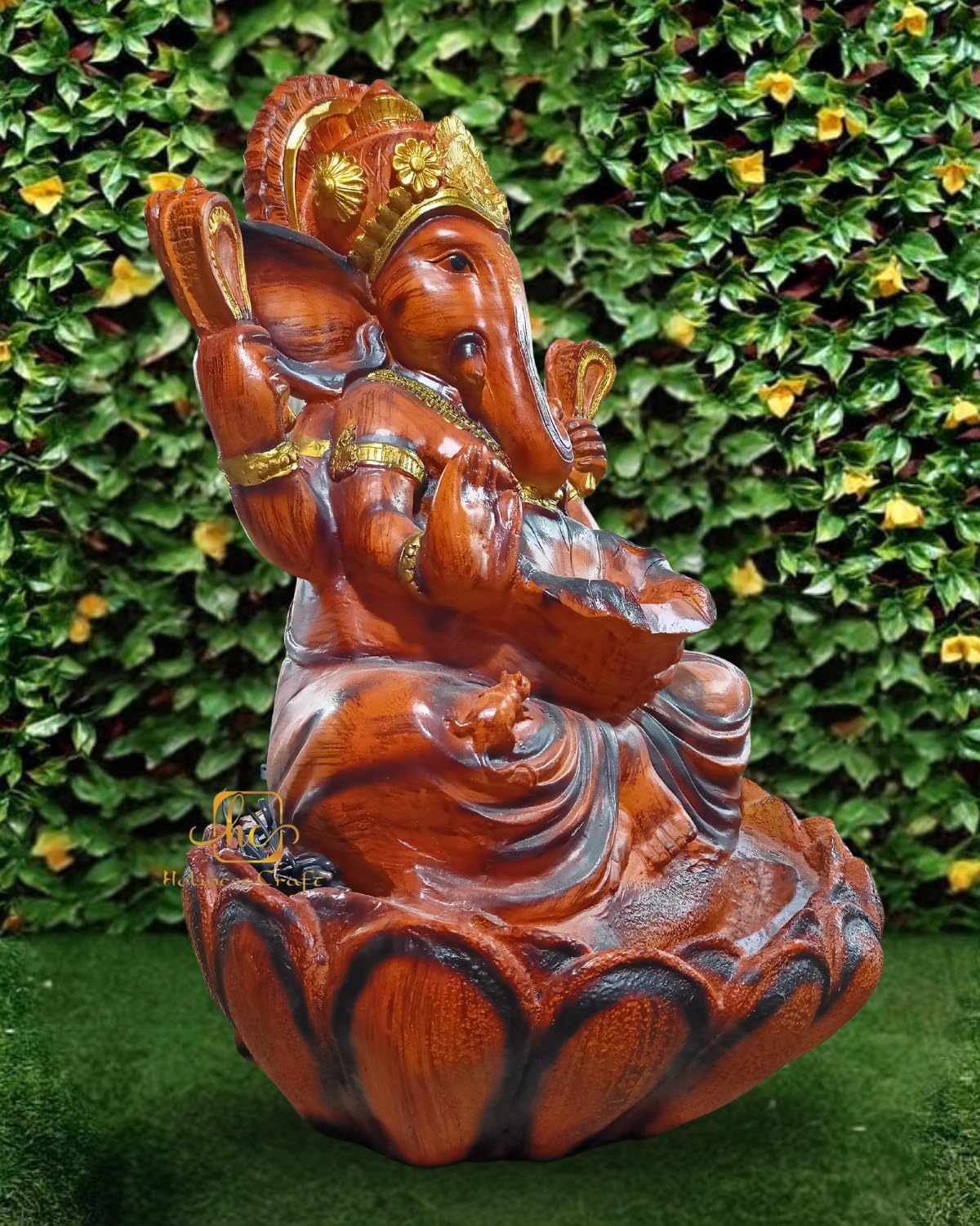 Trisaini Craft Lotus Ganesha Water Fountain with Stand for Indoor Outdoor Home Decor Farmhouse Decor Garden Patio Deck Porch Gift Gifting with LED Lights Water Pump