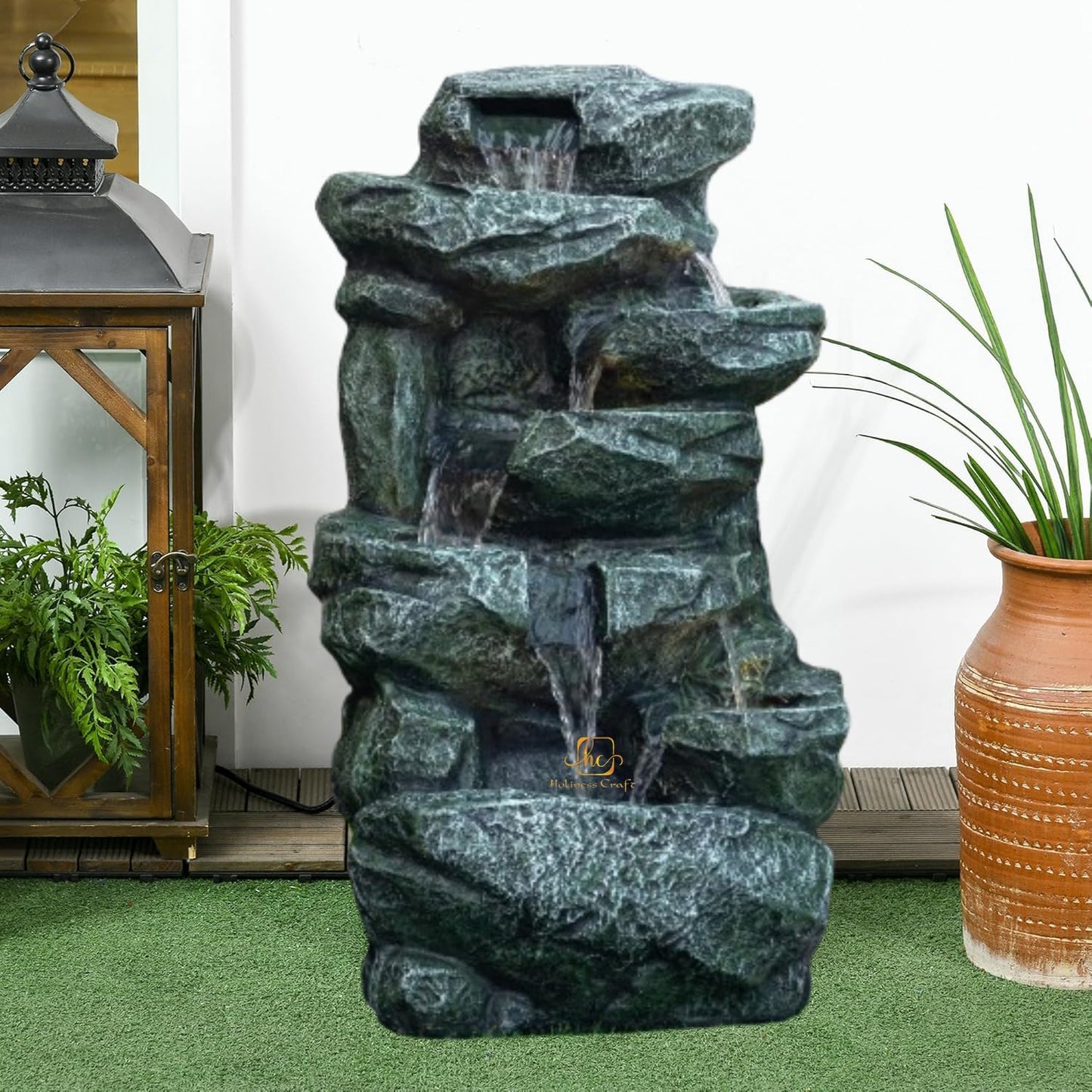 Trisaini Craft Rock Waterfall Fountain, Indoor Outdoor Multi-Tier Cascading Design, Green Stone Finish with LED Lights and Water Motor