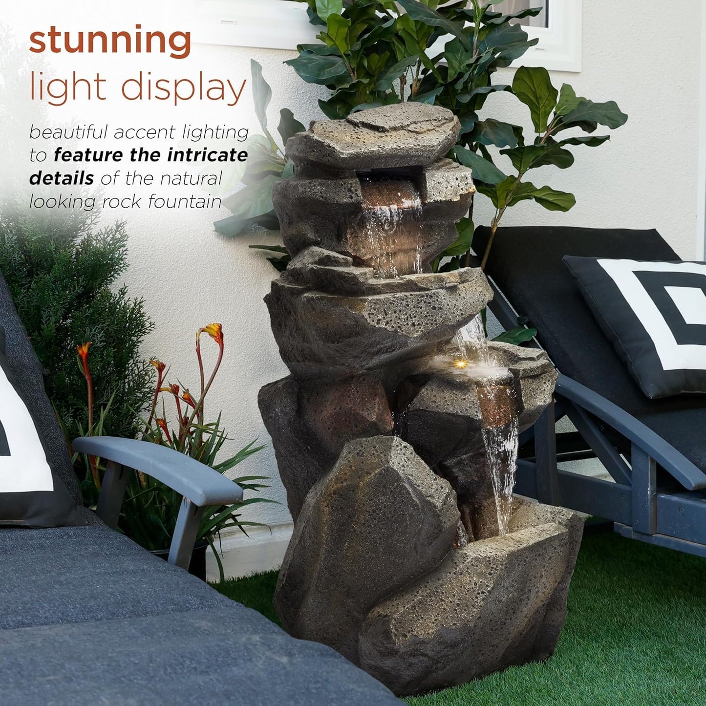 Trisaini Craft Rock Waterfall Outdoor Water Fountain for Living Room Home Decor Garden Patio Deck Porch - Yard Art Decoration Gift Gifting with LED Lights Water Pump