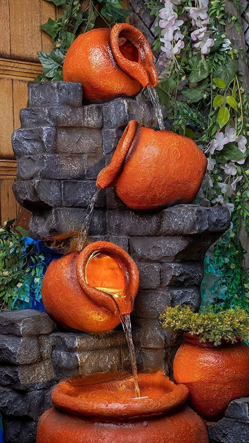 Trisaini Craft 48 inch Long Brick Pot Water Fountain for Home Decor | Indoor Tabletop Office | Lawn Balcony | Gift Gifting with LED Lights Water Pump | 4 Feet Brick Matka Water Fountain (Brown Grey)