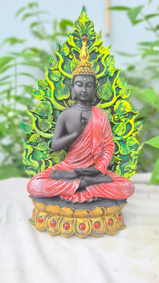 14 Inch Buddha Statue with Leaf Back Design | Resin Meditation Buddha Idol for Home Decor & Gifting