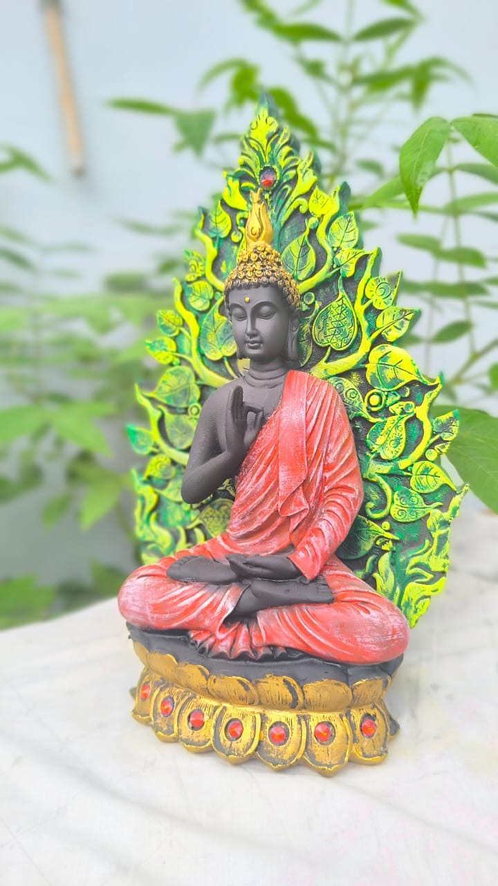 14 Inch Buddha Statue with Leaf Back Design | Resin Meditation Buddha Idol for Home Decor & Gifting